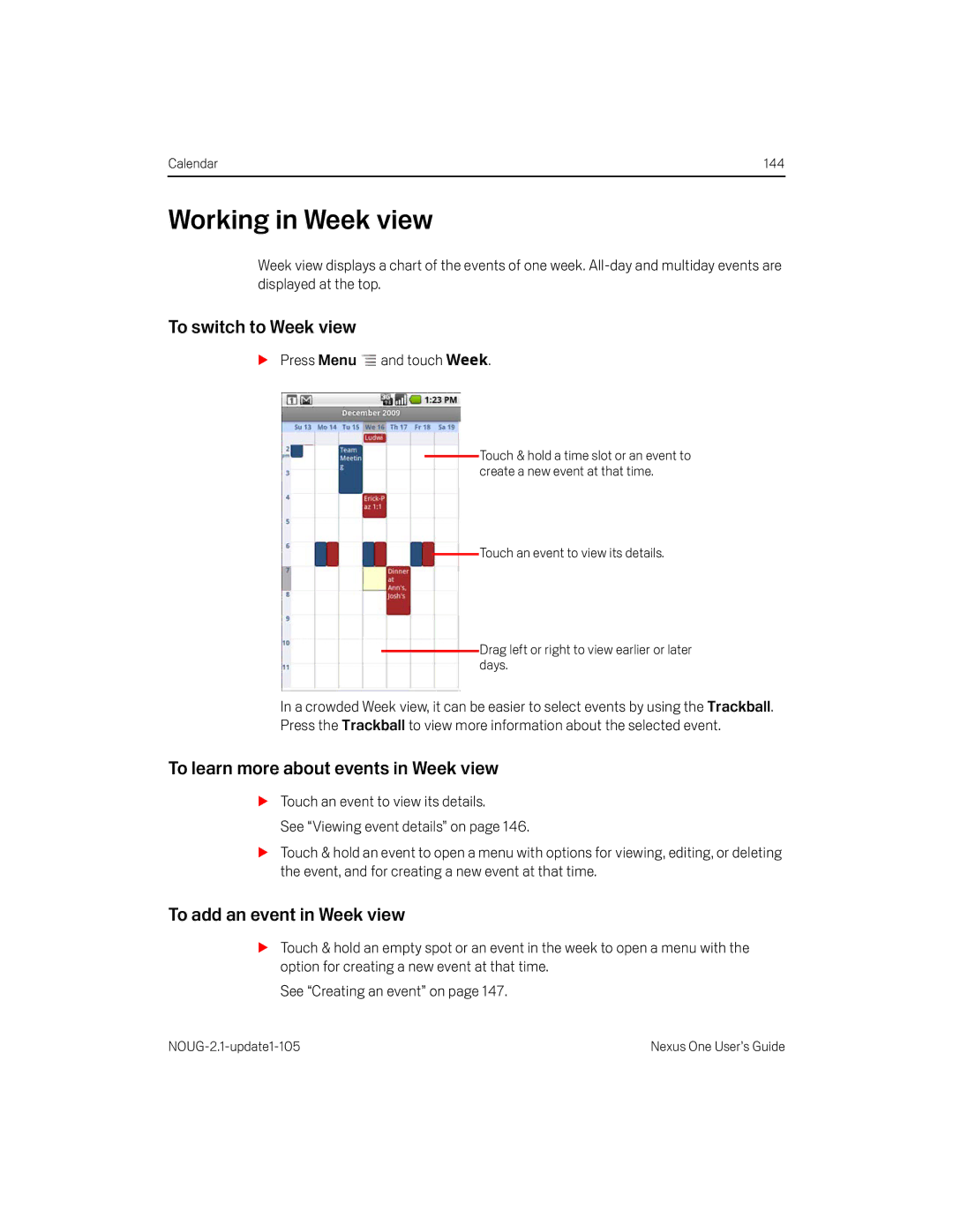 HTC HTCONEUNLOCKEDBLACK manual Working in Week view, To switch to Week view, To learn more about events in Week view 