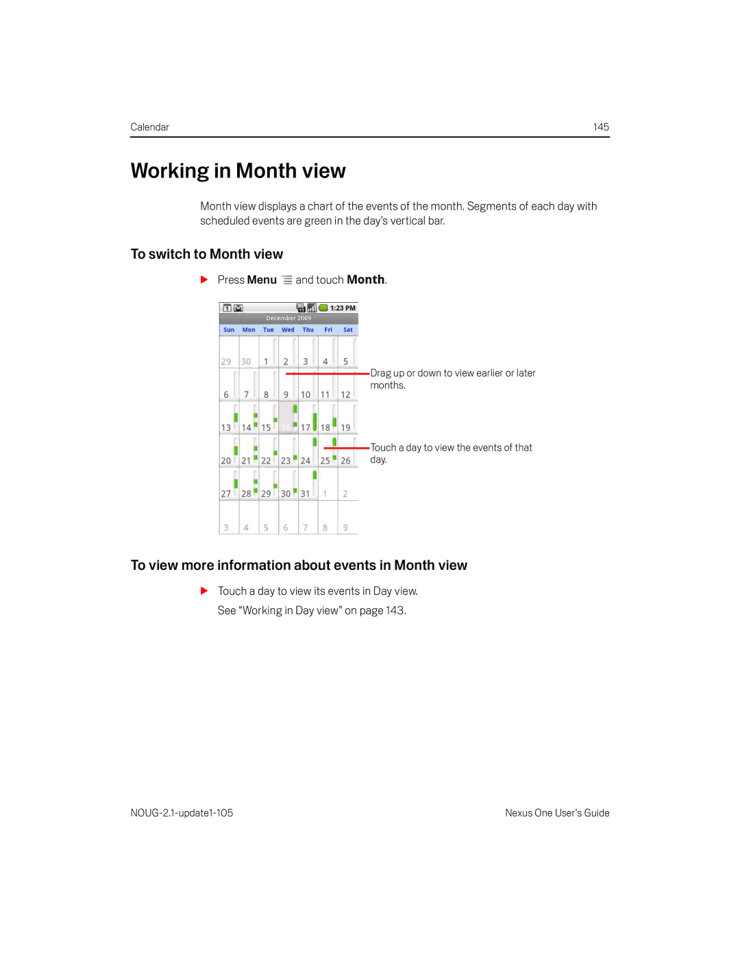 HTC HTCONEUNLOCKEDBLACK manual Working in Month view, To switch to Month view, Press Menu and touch Month 