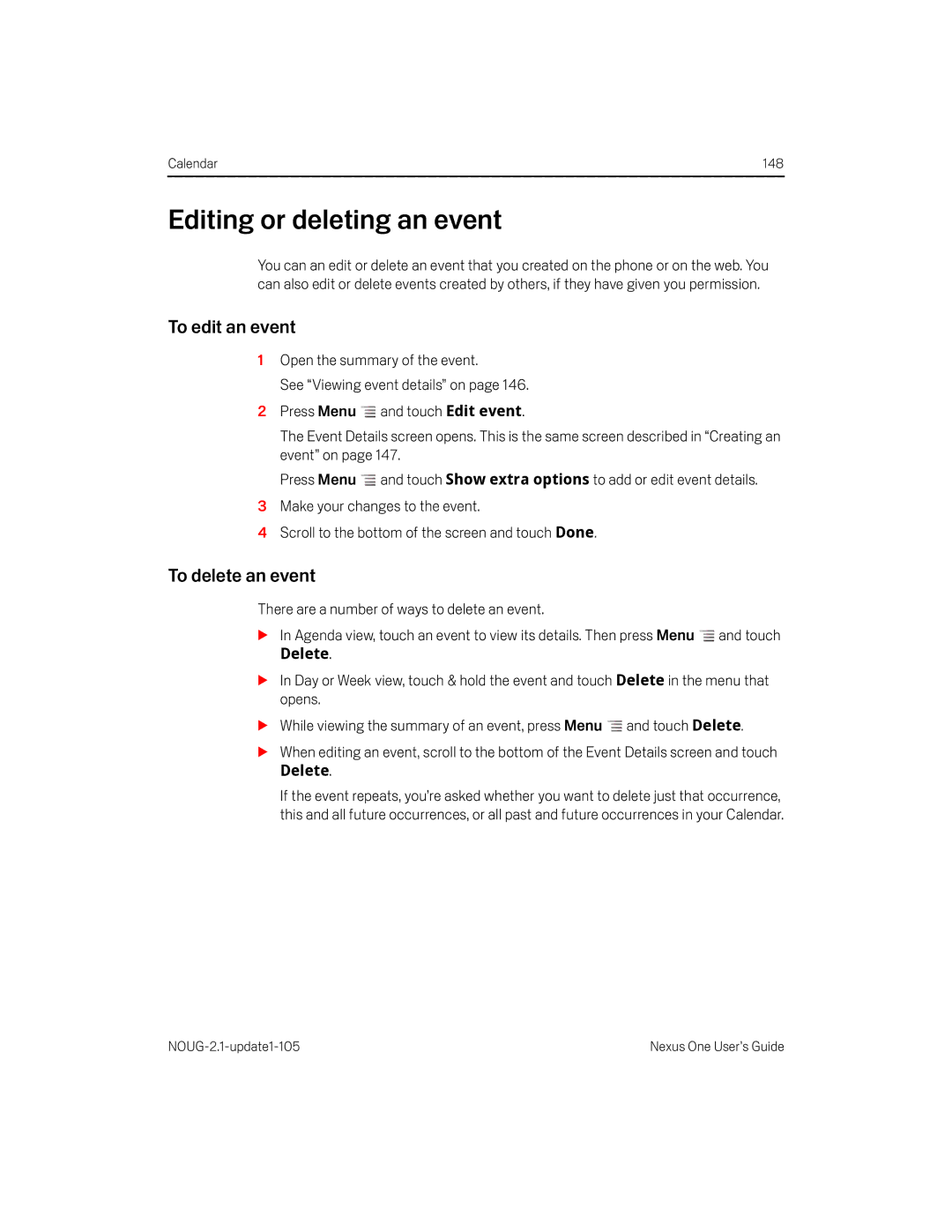 HTC HTCONEUNLOCKEDBLACK manual Editing or deleting an event, To edit an event, To delete an event, Delete 