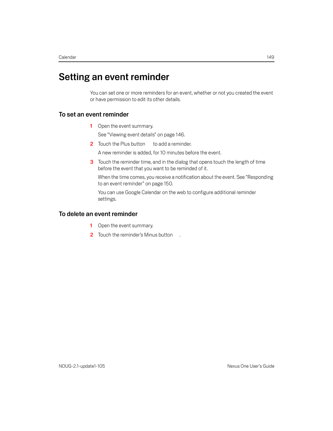 HTC HTCONEUNLOCKEDBLACK manual Setting an event reminder, To set an event reminder, To delete an event reminder 