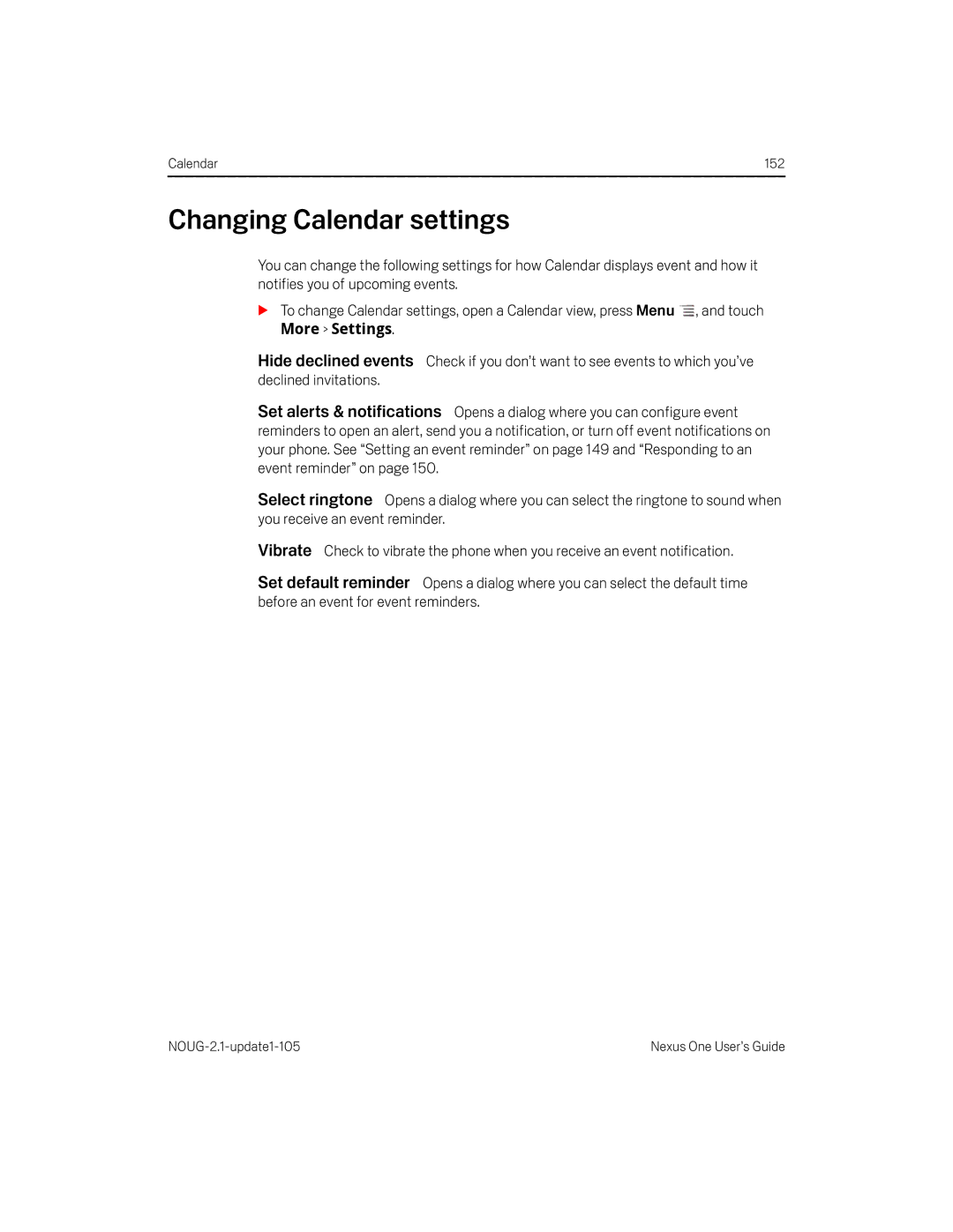 HTC HTCONEUNLOCKEDBLACK manual Changing Calendar settings, More Settings 