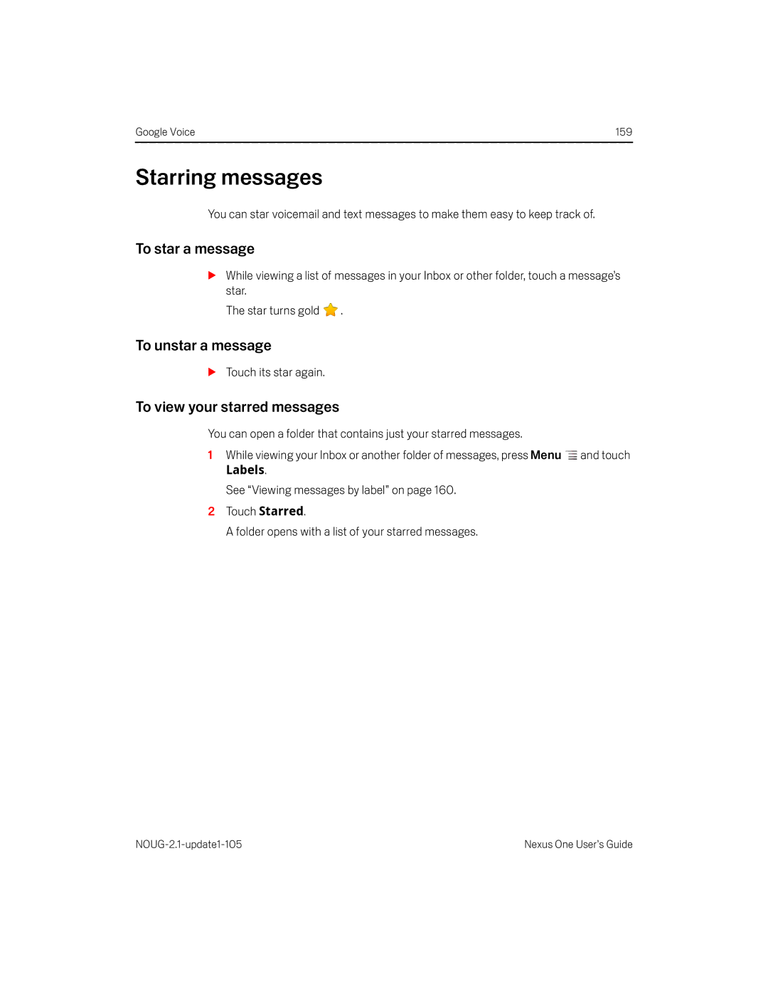 HTC HTCONEUNLOCKEDBLACK manual Starring messages, To view your starred messages, Labels 