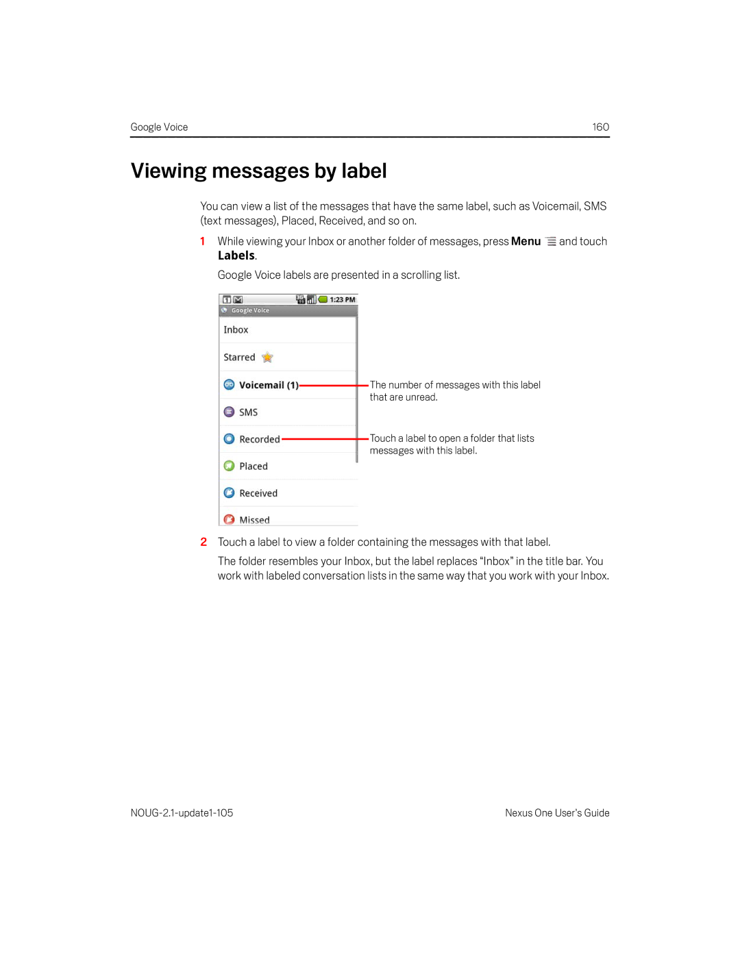 HTC HTCONEUNLOCKEDBLACK manual Viewing messages by label, Google Voice labels are presented in a scrolling list 