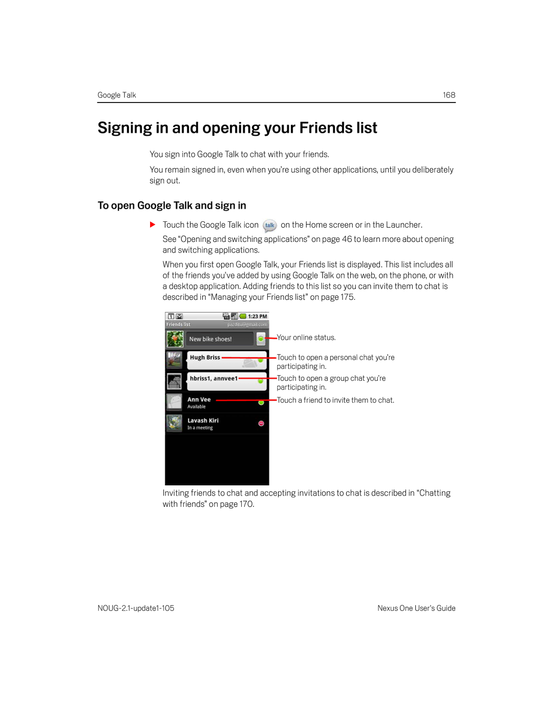 HTC HTCONEUNLOCKEDBLACK manual Signing in and opening your Friends list, To open Google Talk and sign 