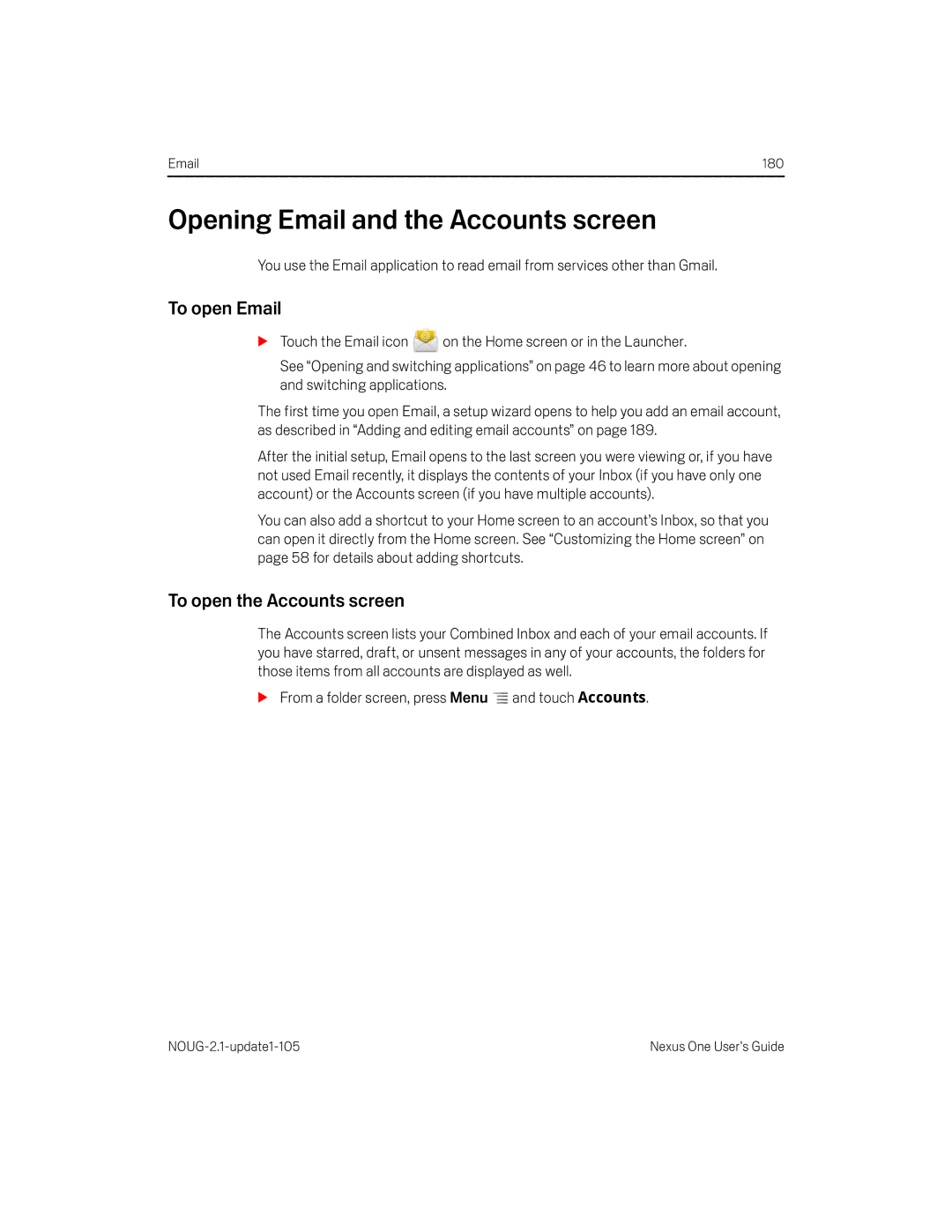 HTC HTCONEUNLOCKEDBLACK manual Opening Email and the Accounts screen, To open Email, To open the Accounts screen 