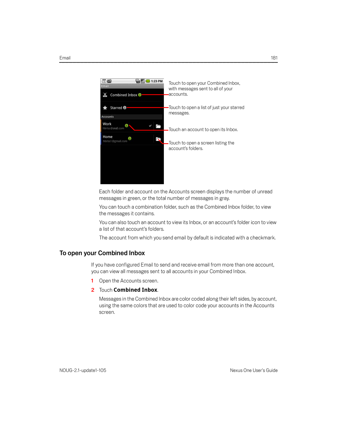 HTC HTCONEUNLOCKEDBLACK manual To open your Combined Inbox, Open the Accounts screen, Touch Combined Inbox 