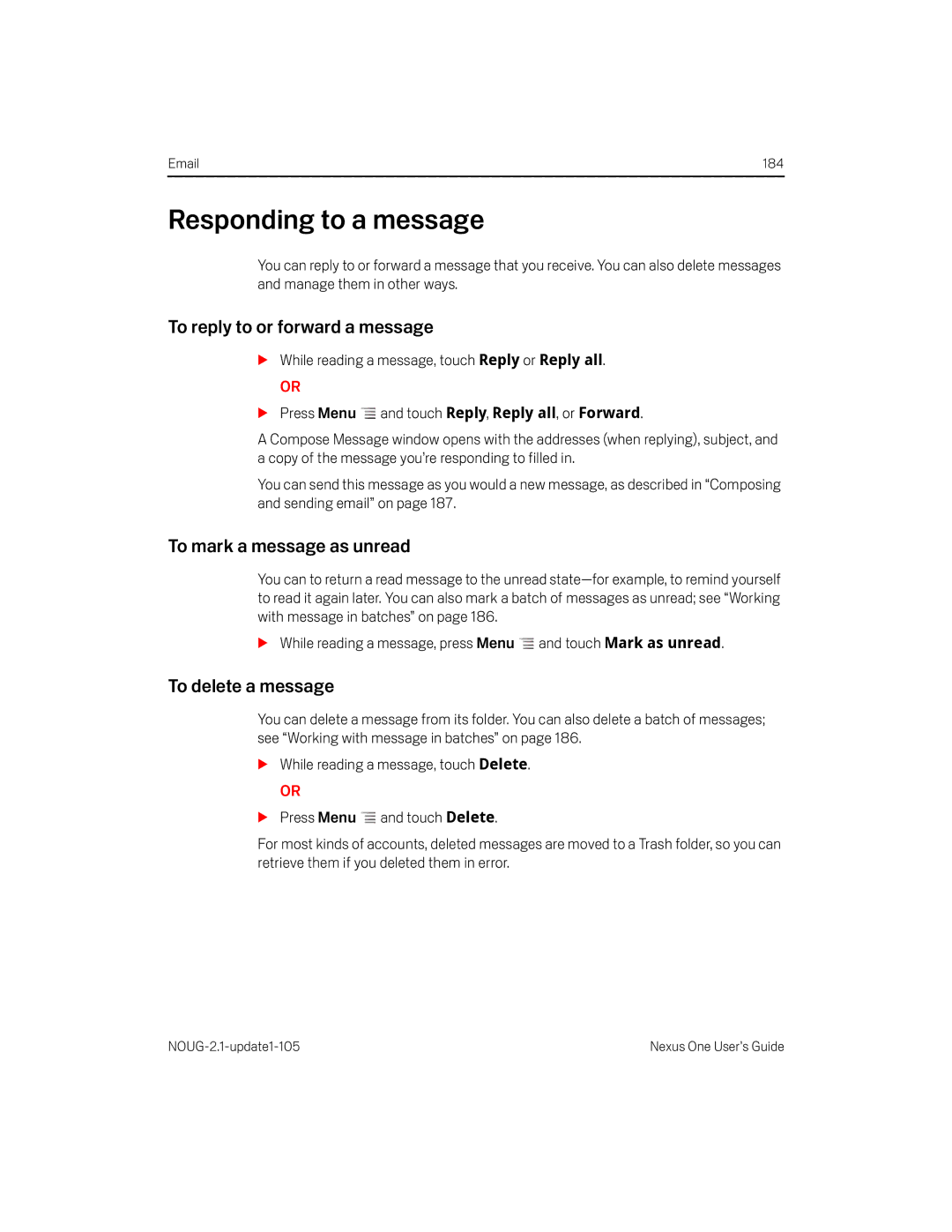 HTC HTCONEUNLOCKEDBLACK manual Responding to a message, To mark a message as unread 