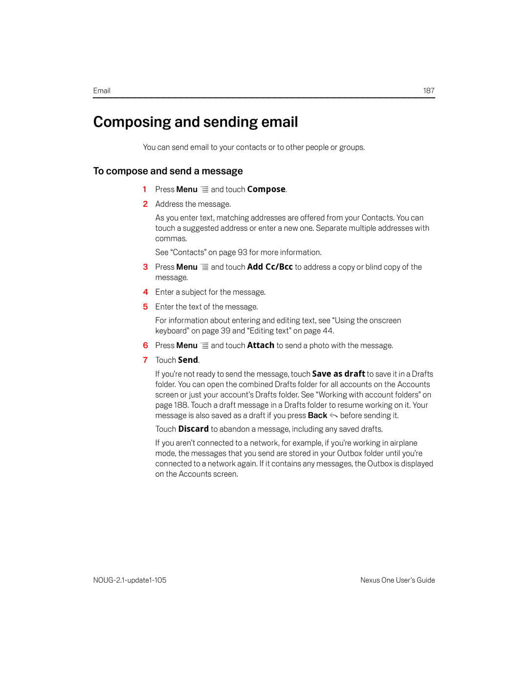 HTC HTCONEUNLOCKEDBLACK manual Composing and sending email, To compose and send a message 