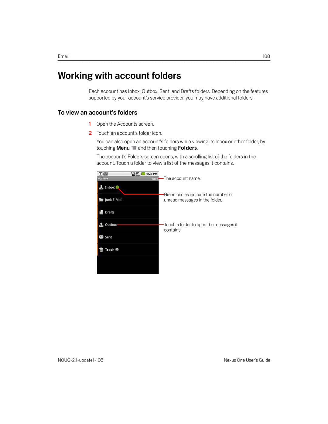 HTC HTCONEUNLOCKEDBLACK manual Working with account folders, To view an account’s folders 