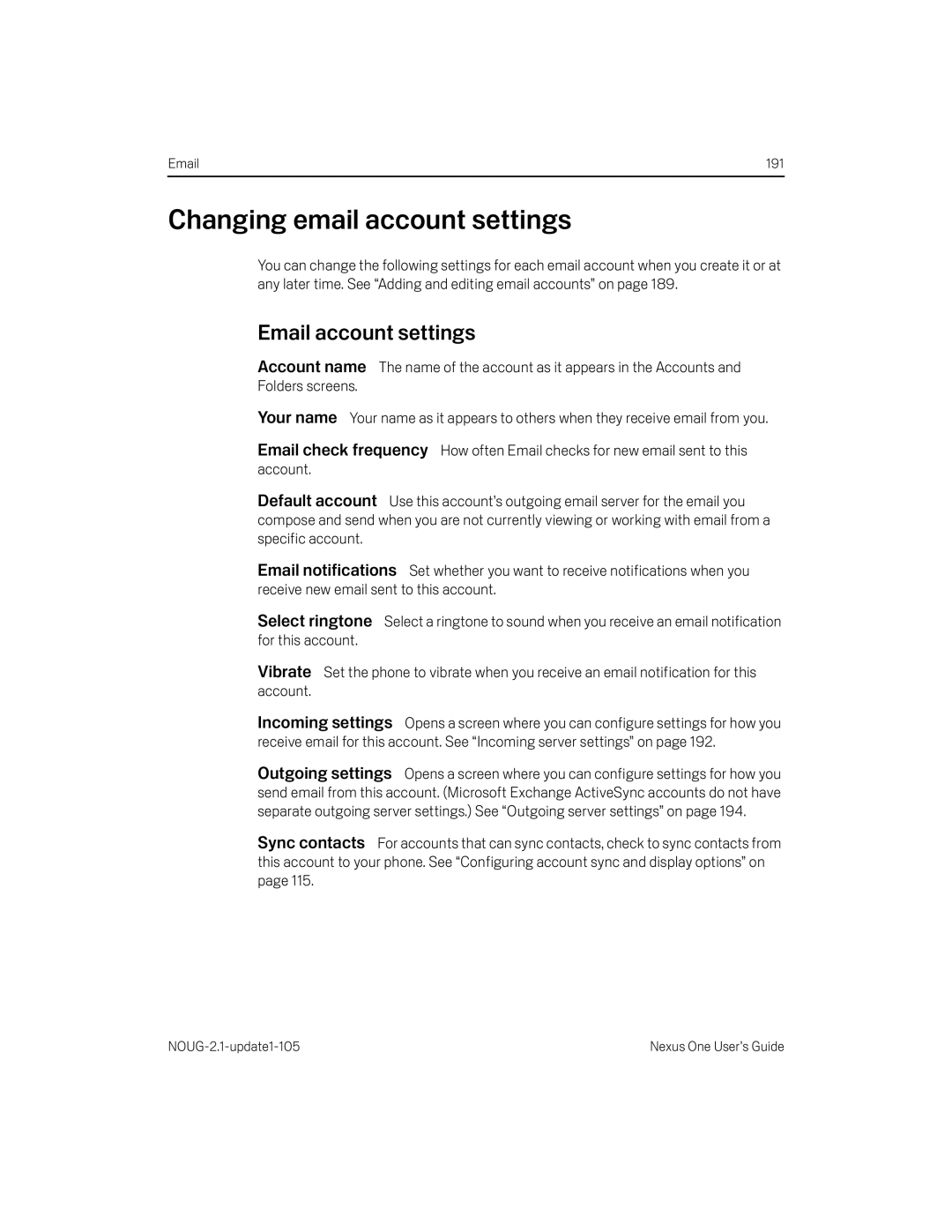 HTC HTCONEUNLOCKEDBLACK manual Changing email account settings, Email account settings 