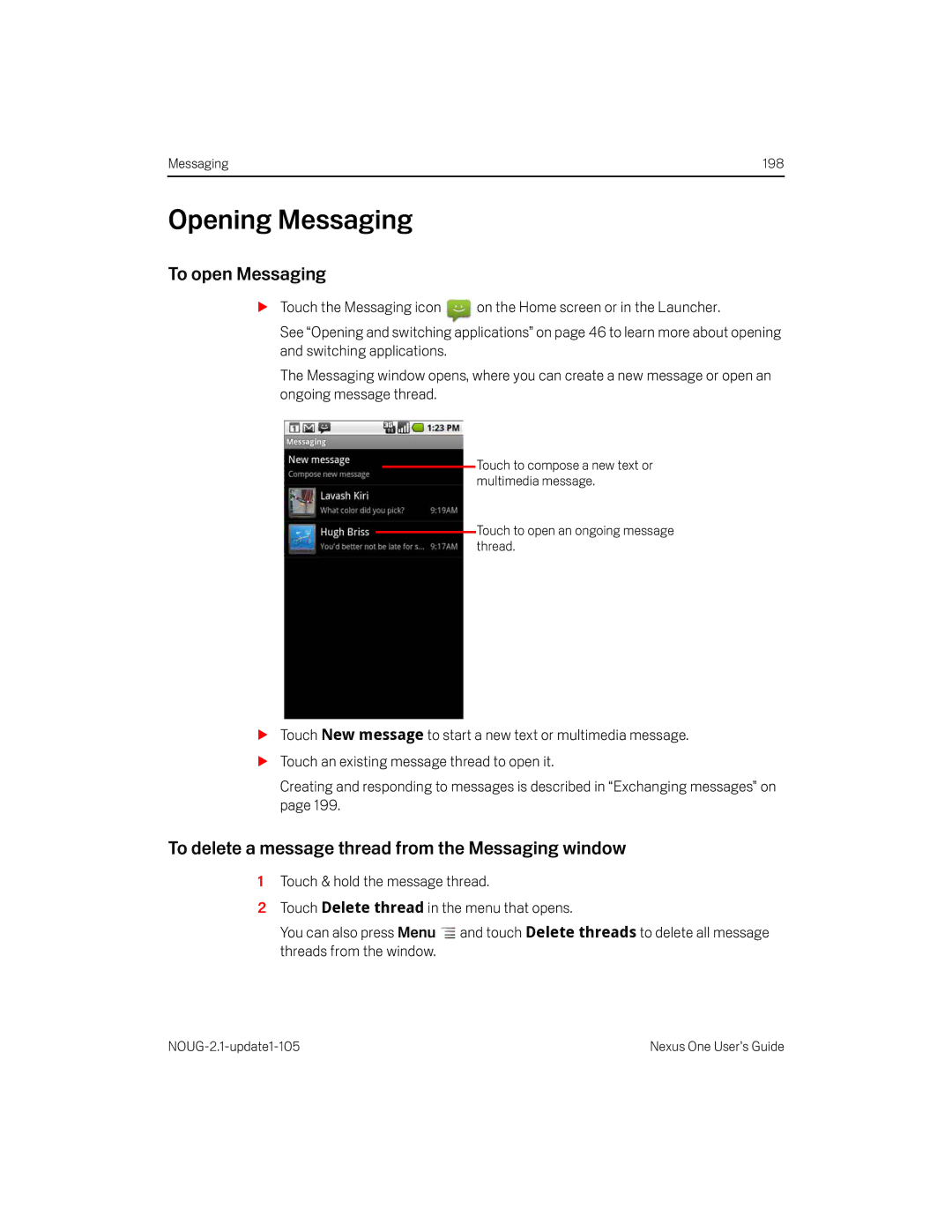 HTC HTCONEUNLOCKEDBLACK manual Opening Messaging, To open Messaging, To delete a message thread from the Messaging window 