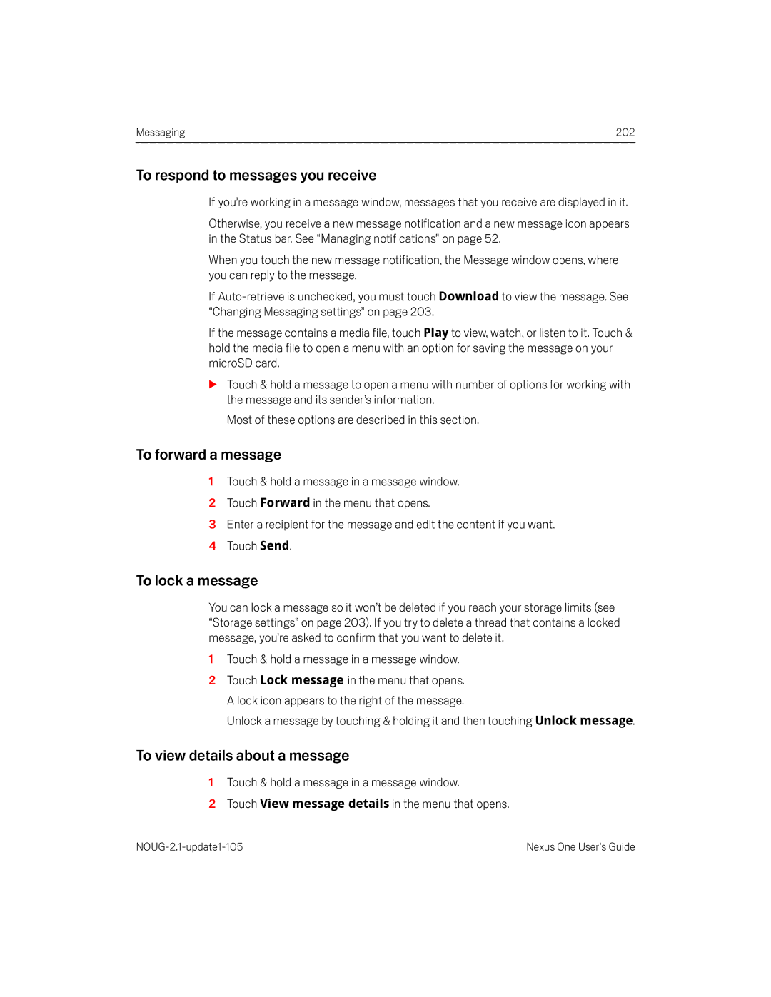 HTC HTCONEUNLOCKEDBLACK manual To respond to messages you receive, To forward a message, To lock a message 