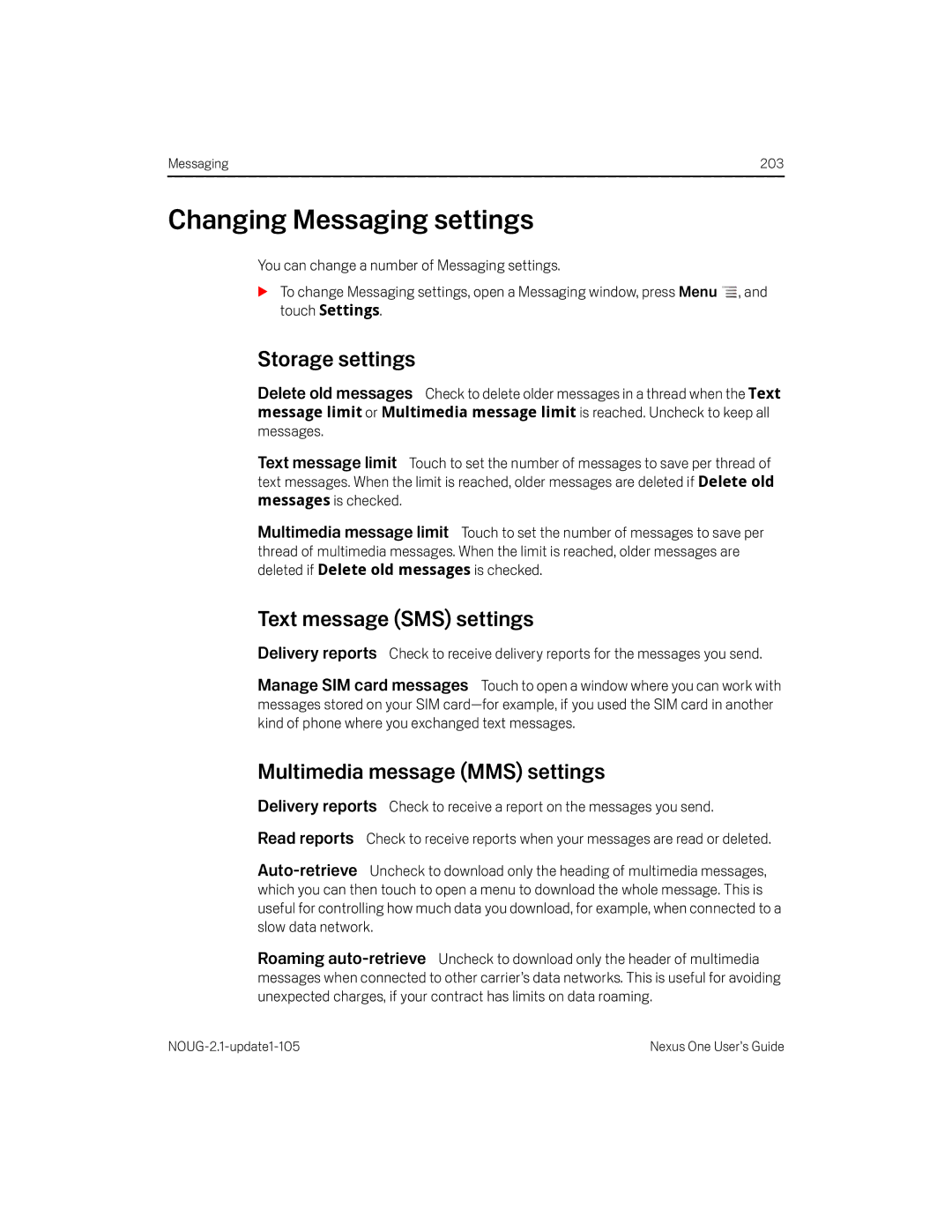 HTC HTCONEUNLOCKEDBLACK manual Changing Messaging settings, Storage settings, Text message SMS settings 