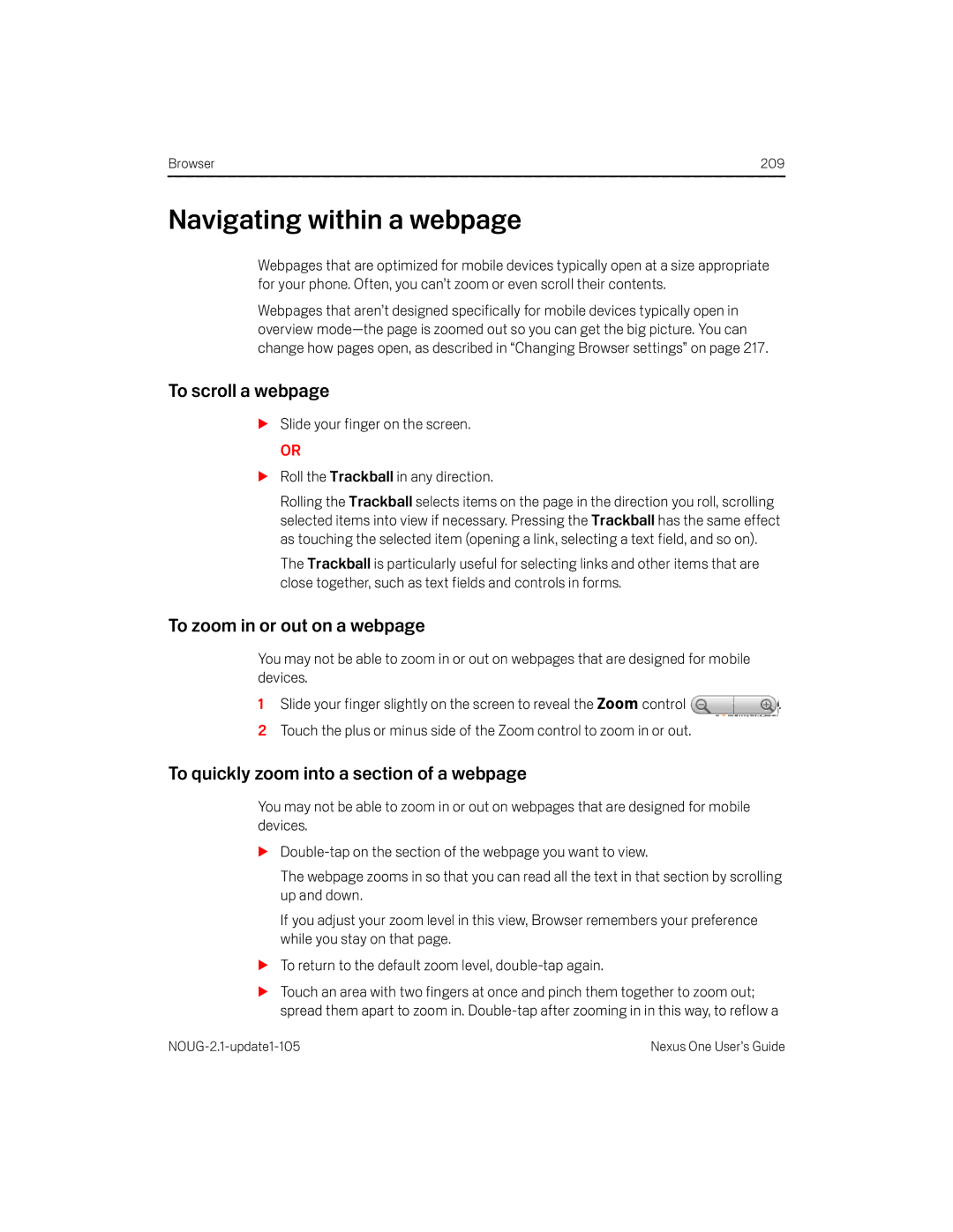 HTC HTCONEUNLOCKEDBLACK manual Navigating within a webpage, To scroll a webpage, To zoom in or out on a webpage 