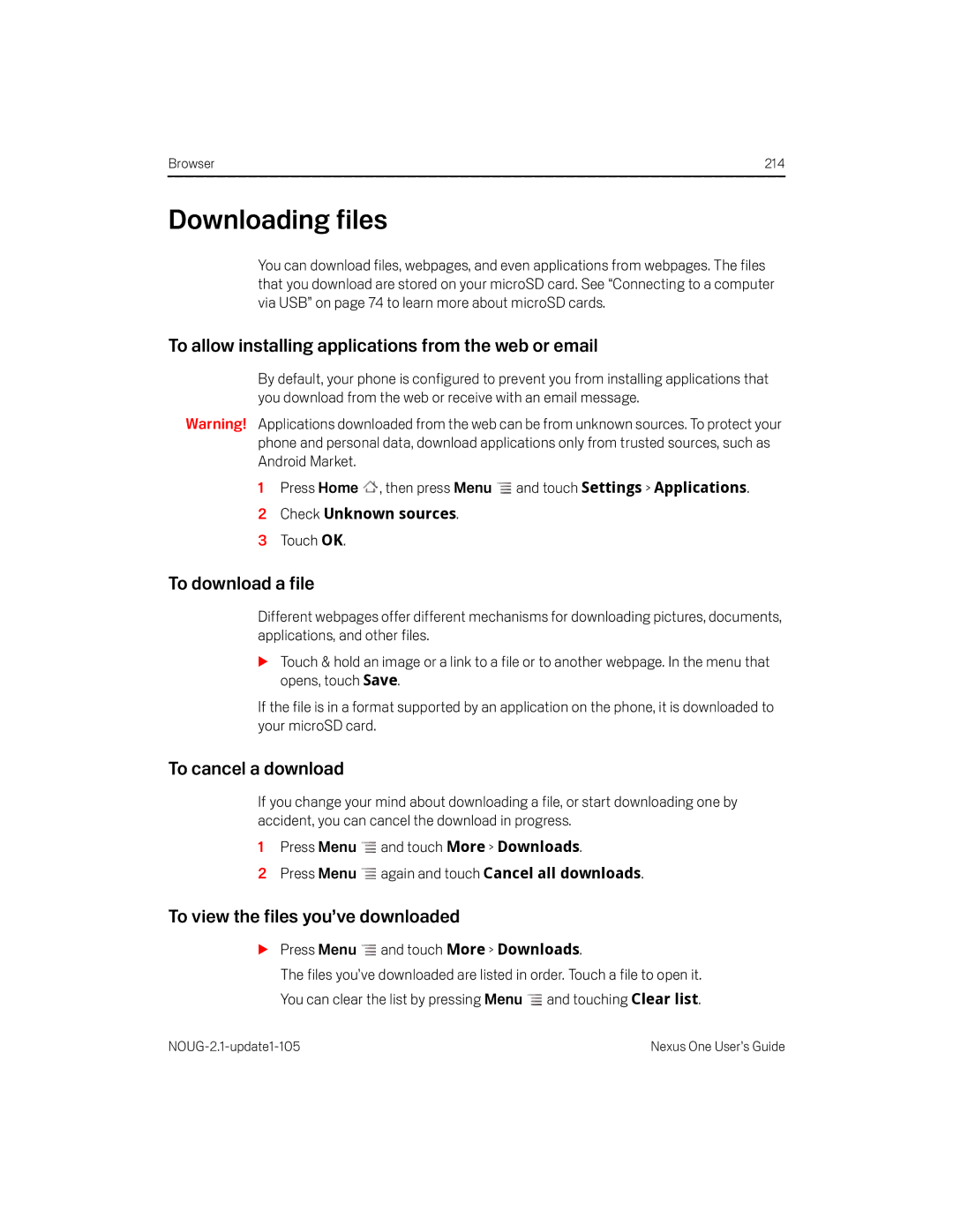 HTC HTCONEUNLOCKEDBLACK Downloading files, To allow installing applications from the web or email, To download a file 