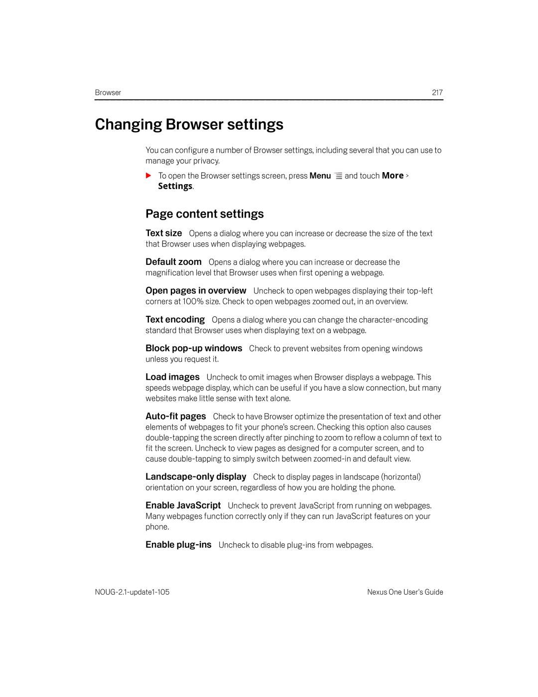 HTC HTCONEUNLOCKEDBLACK manual Changing Browser settings, Content settings 