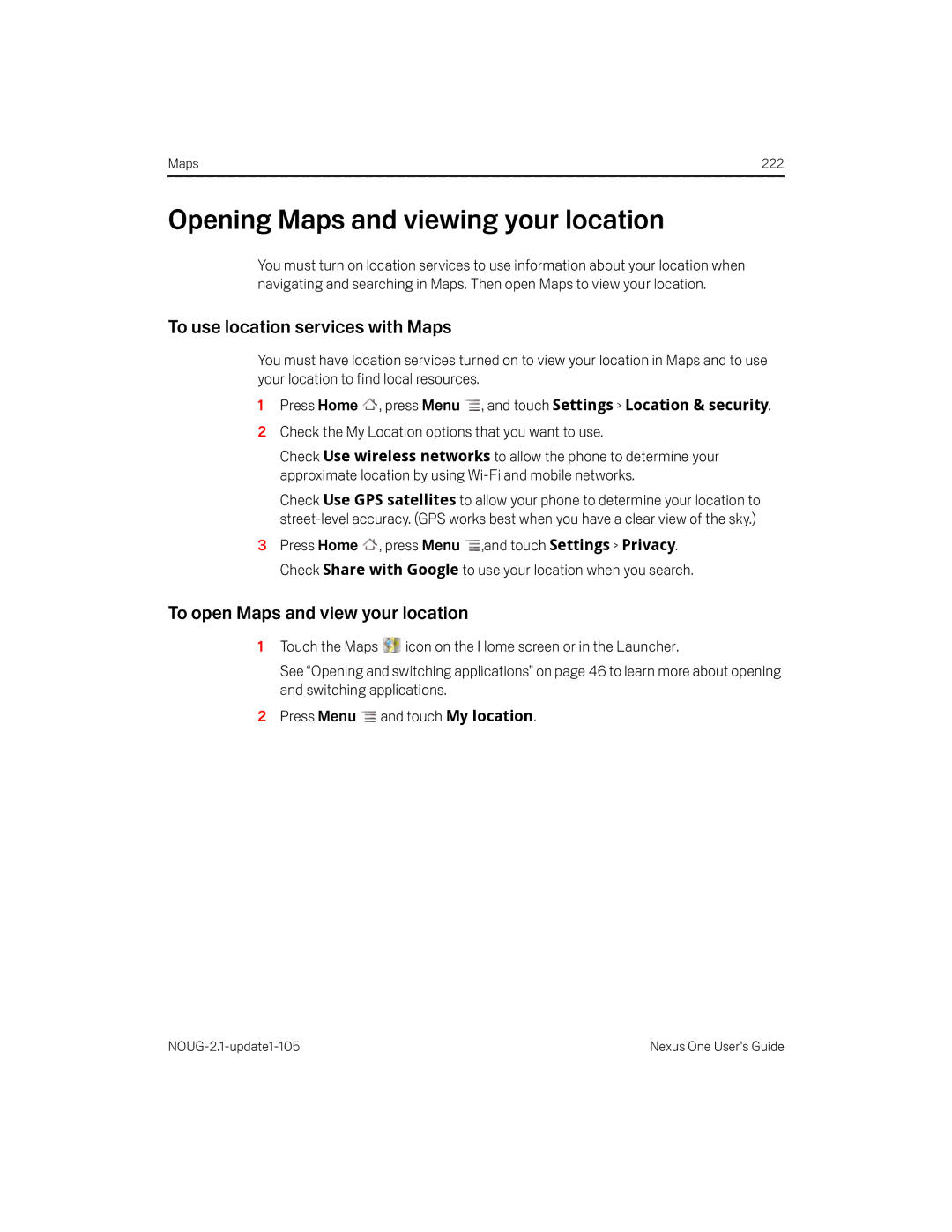 HTC HTCONEUNLOCKEDBLACK manual Opening Maps and viewing your location, To use location services with Maps 