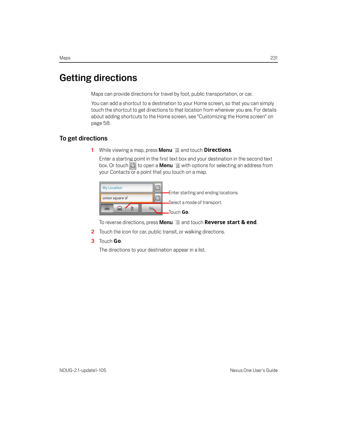 HTC HTCONEUNLOCKEDBLACK manual Getting directions, To get directions, While viewing a map, press Menu and touch Directions 