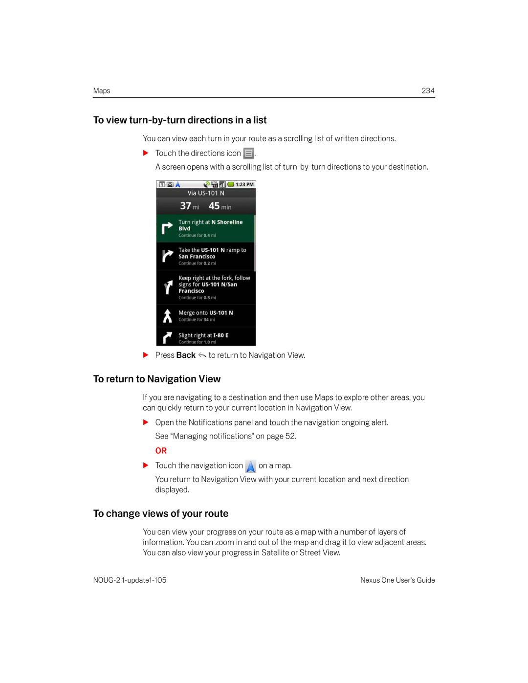 HTC HTCONEUNLOCKEDBLACK manual To view turn-by-turn directions in a list, To return to Navigation View 