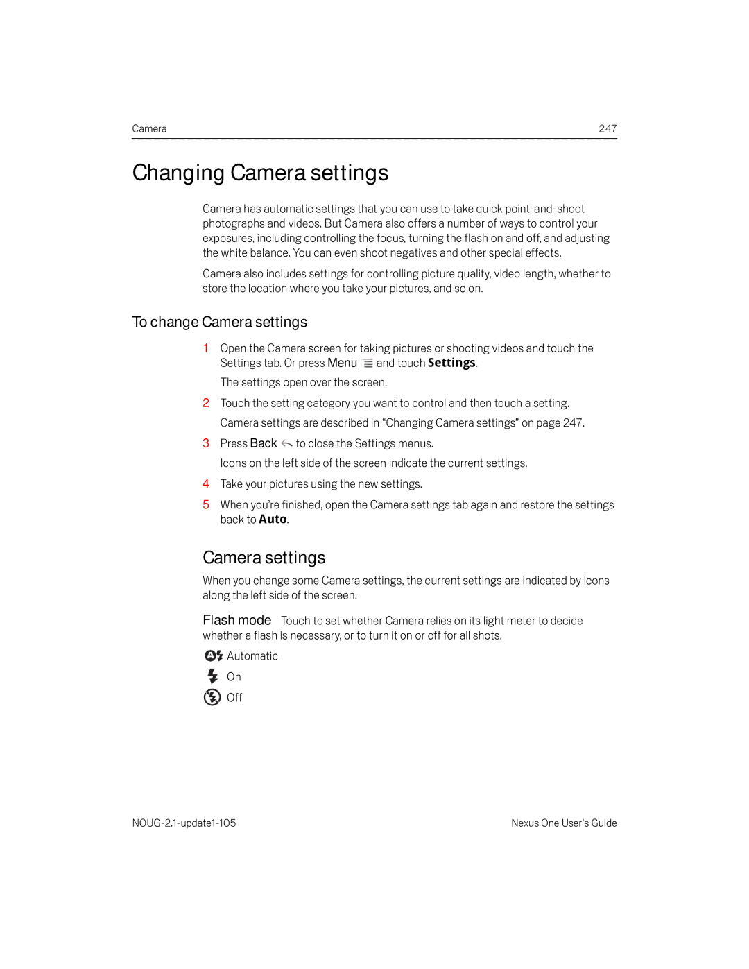 HTC HTCONEUNLOCKEDBLACK manual Changing Camera settings, To change Camera settings 