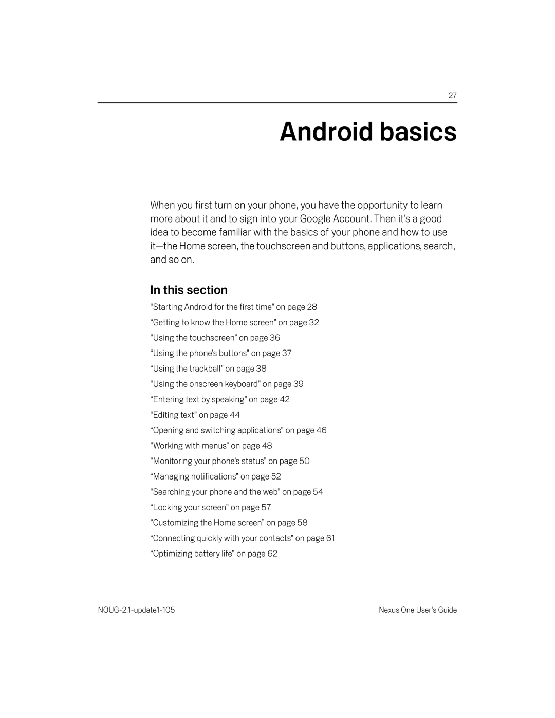 HTC HTCONEUNLOCKEDBLACK manual Android basics, This section 