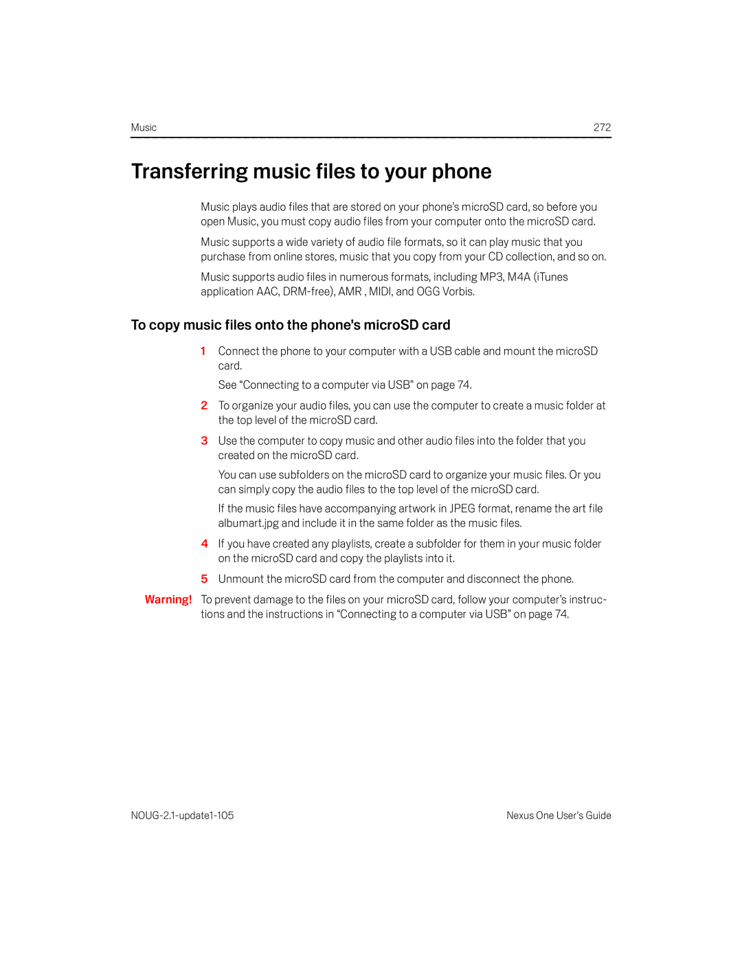 HTC HTCONEUNLOCKEDBLACK manual Transferring music files to your phone, To copy music files onto the phone’s microSD card 