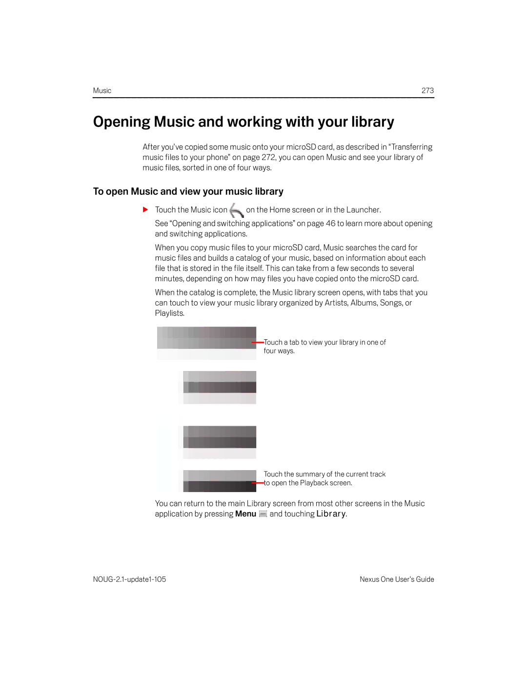 HTC HTCONEUNLOCKEDBLACK manual Opening Music and working with your library, To open Music and view your music library 