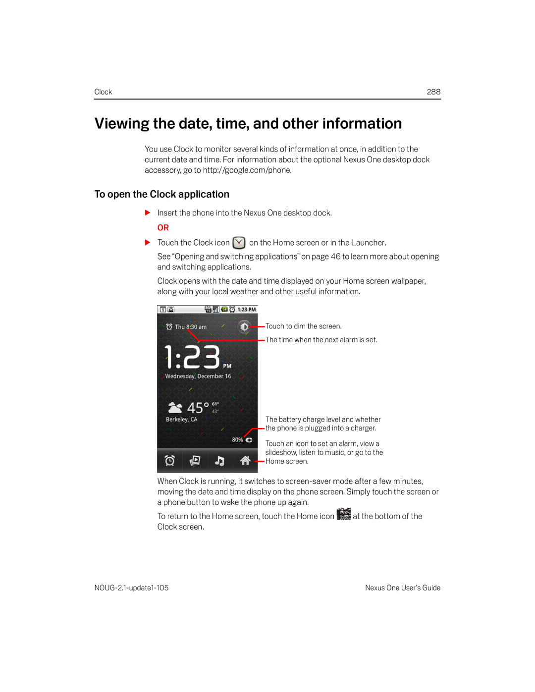 HTC HTCONEUNLOCKEDBLACK manual Viewing the date, time, and other information, To open the Clock application 