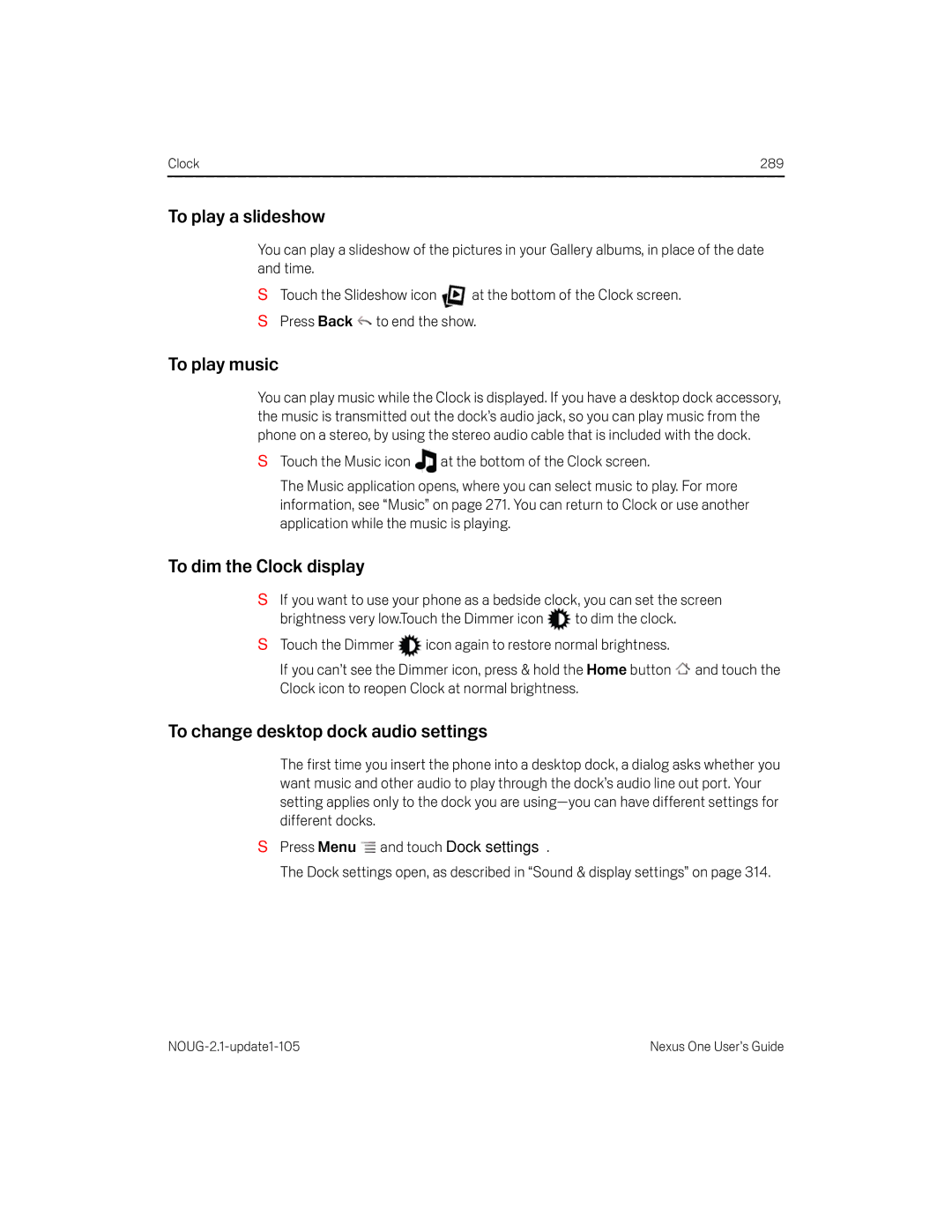 HTC HTCONEUNLOCKEDBLACK manual To play a slideshow, To dim the Clock display, To change desktop dock audio settings 