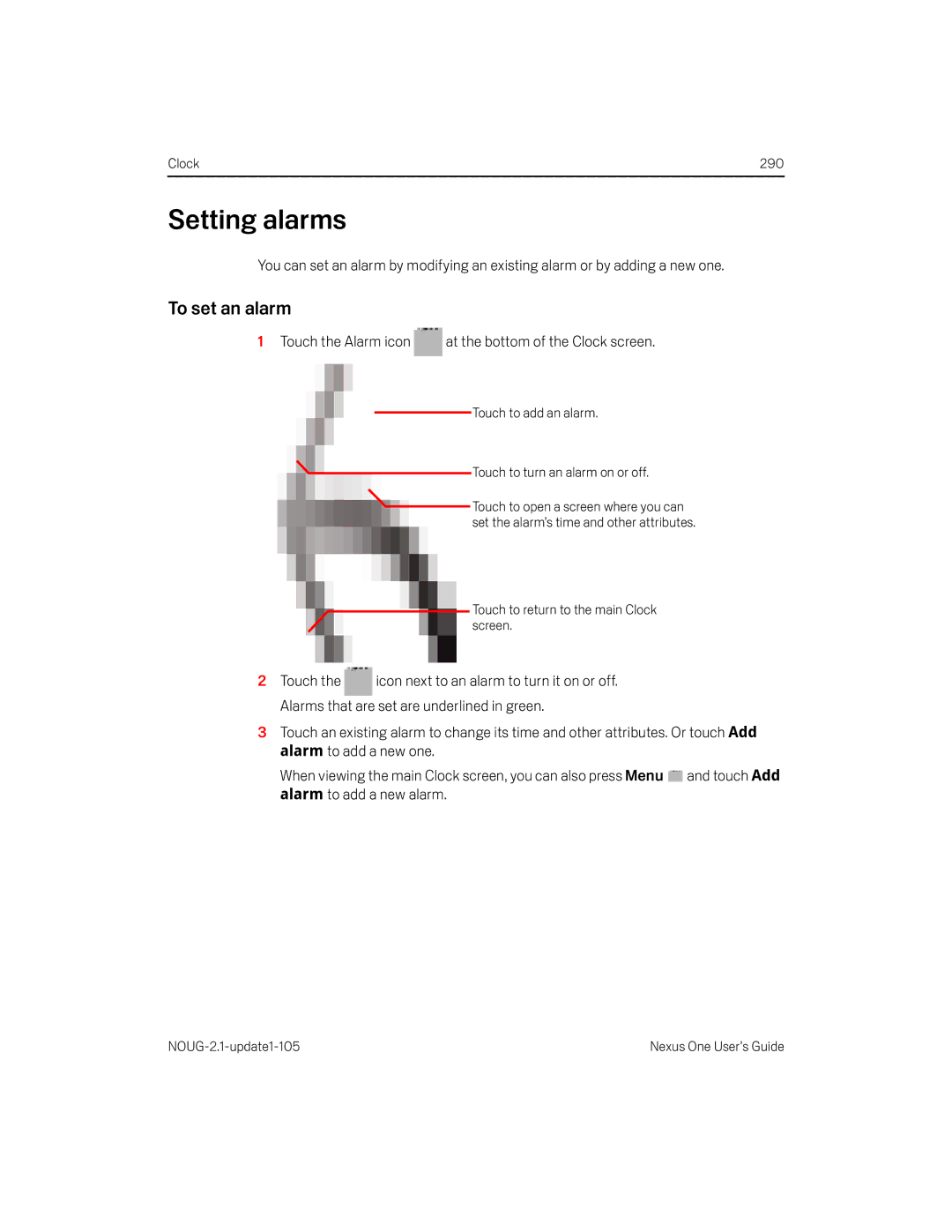 HTC HTCONEUNLOCKEDBLACK manual Setting alarms, To set an alarm, Touch the Alarm icon at the bottom of the Clock screen 