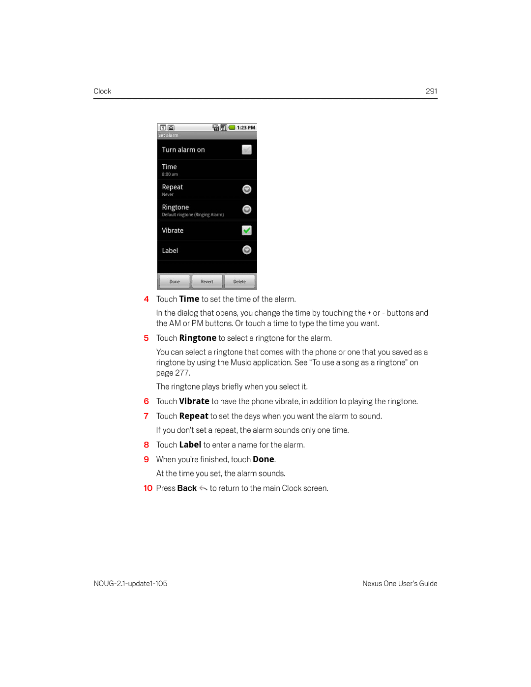 HTC HTCONEUNLOCKEDBLACK manual Touch Time to set the time of the alarm, Press Back to return to the main Clock screen 