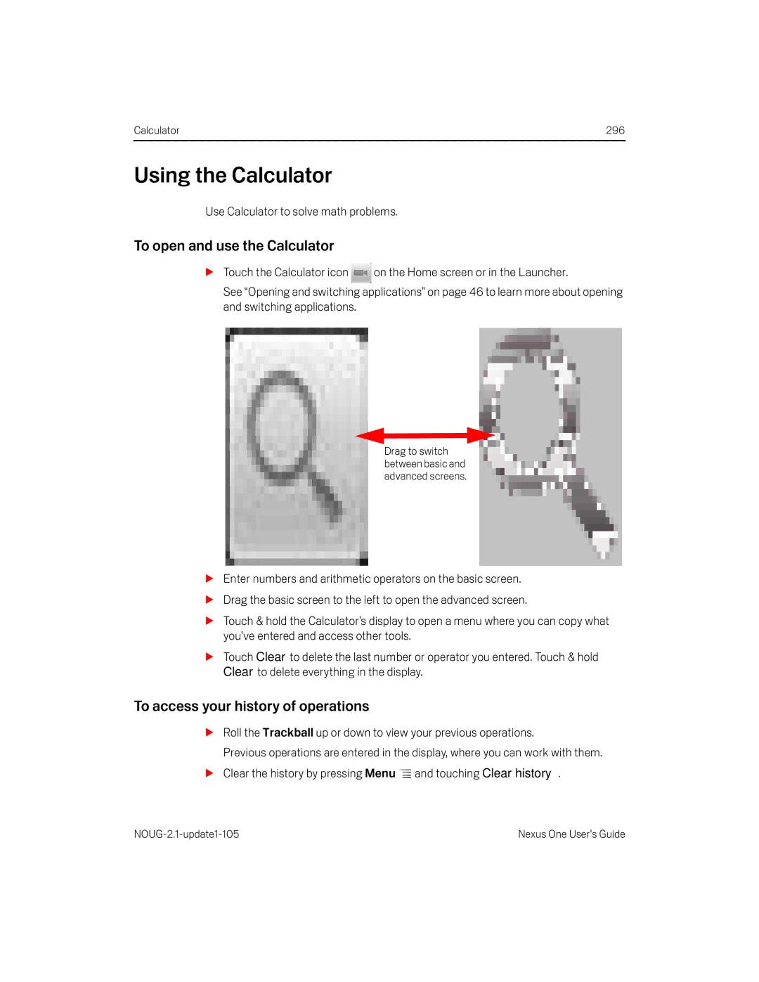 HTC HTCONEUNLOCKEDBLACK manual Using the Calculator, To open and use the Calculator, To access your history of operations 