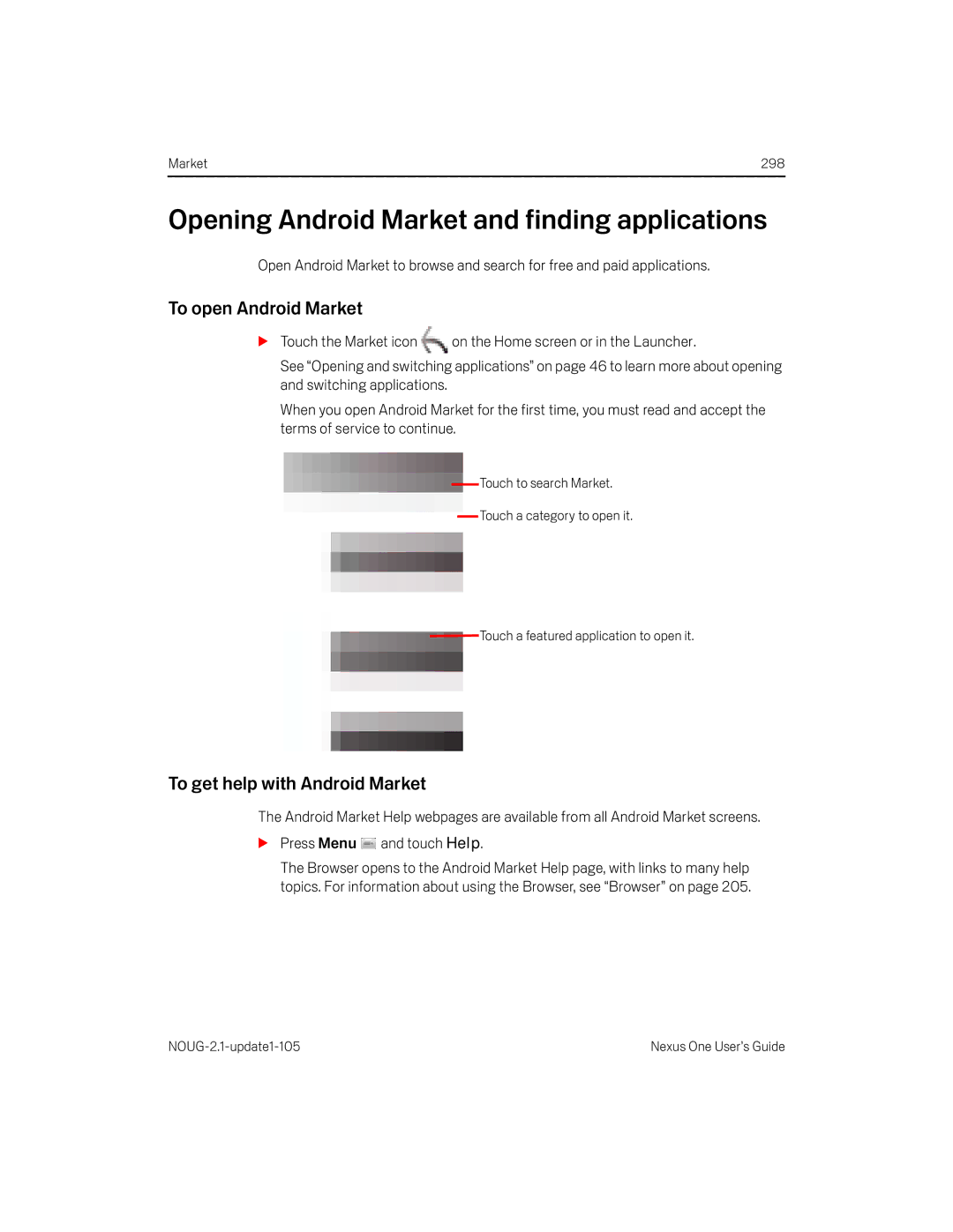 HTC HTCONEUNLOCKEDBLACK manual Opening Android Market and finding applications, To open Android Market 