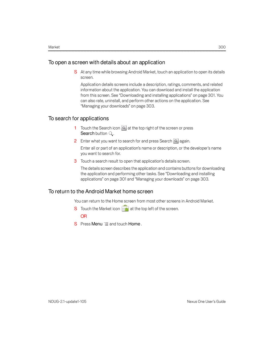 HTC HTCONEUNLOCKEDBLACK manual To open a screen with details about an application, To search for applications 