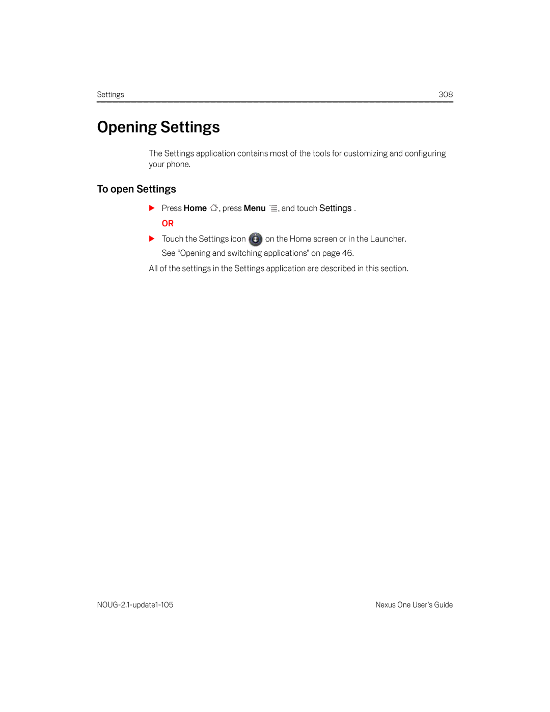 HTC HTCONEUNLOCKEDBLACK manual Opening Settings, To open Settings 