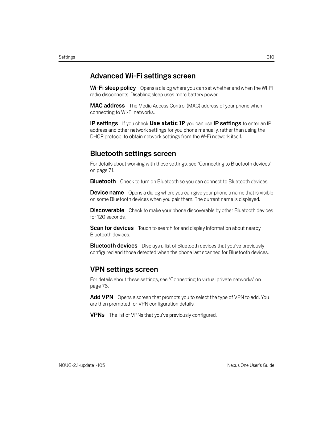 HTC HTCONEUNLOCKEDBLACK manual Advanced Wi-Fi settings screen, Bluetooth settings screen, VPN settings screen 