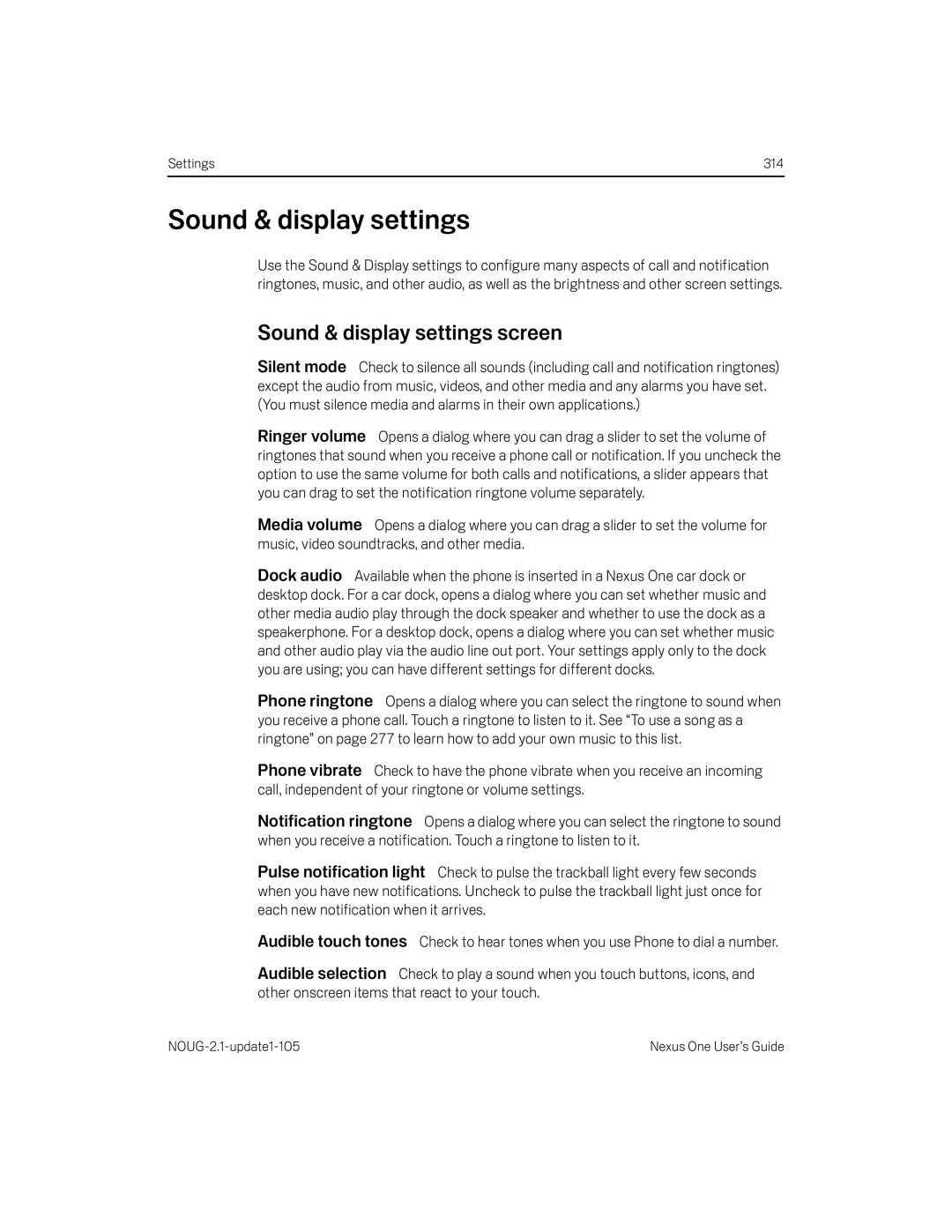 HTC HTCONEUNLOCKEDBLACK manual Sound & display settings screen 