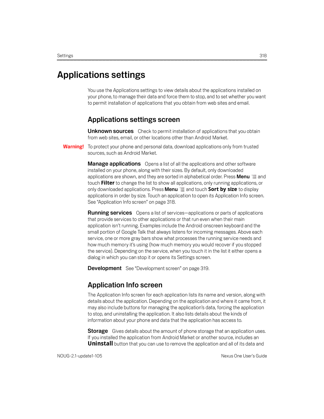 HTC HTCONEUNLOCKEDBLACK Applications settings screen, Application Info screen, Development See Development screen on 