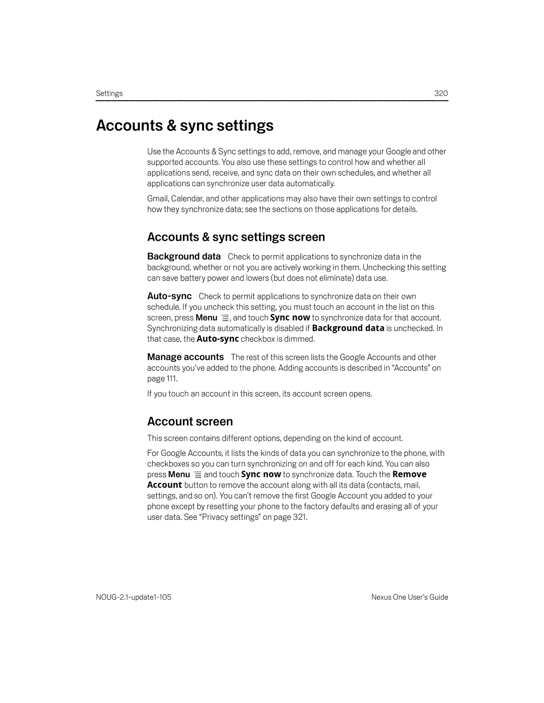 HTC HTCONEUNLOCKEDBLACK manual Accounts & sync settings screen, Account screen 