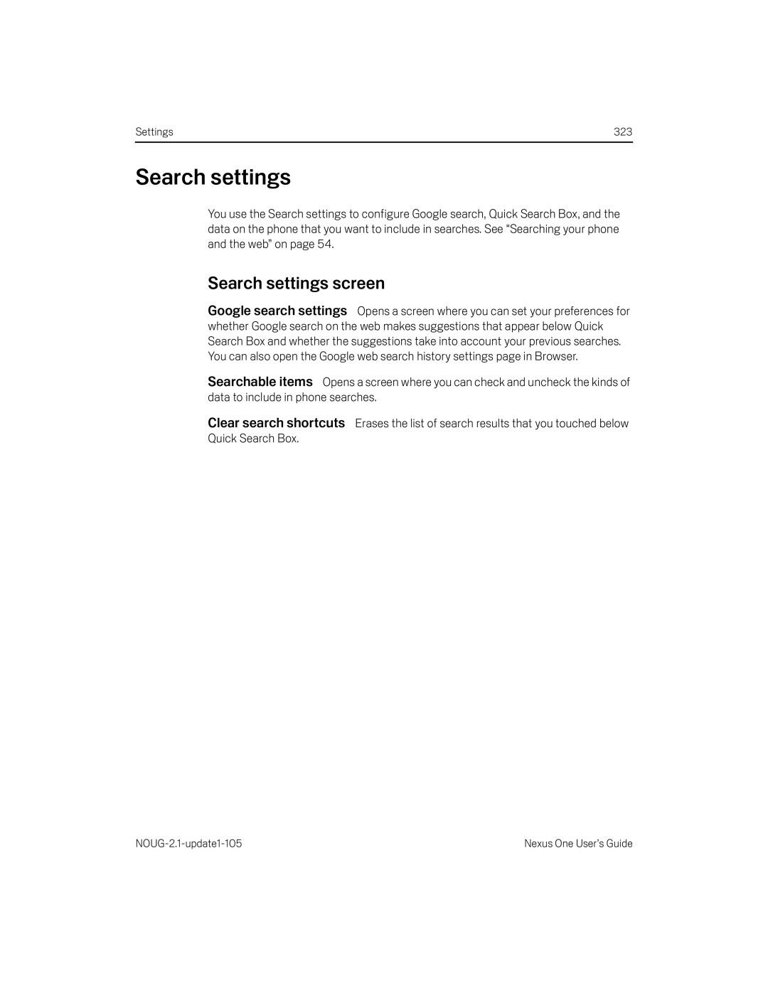 HTC HTCONEUNLOCKEDBLACK manual Search settings screen 