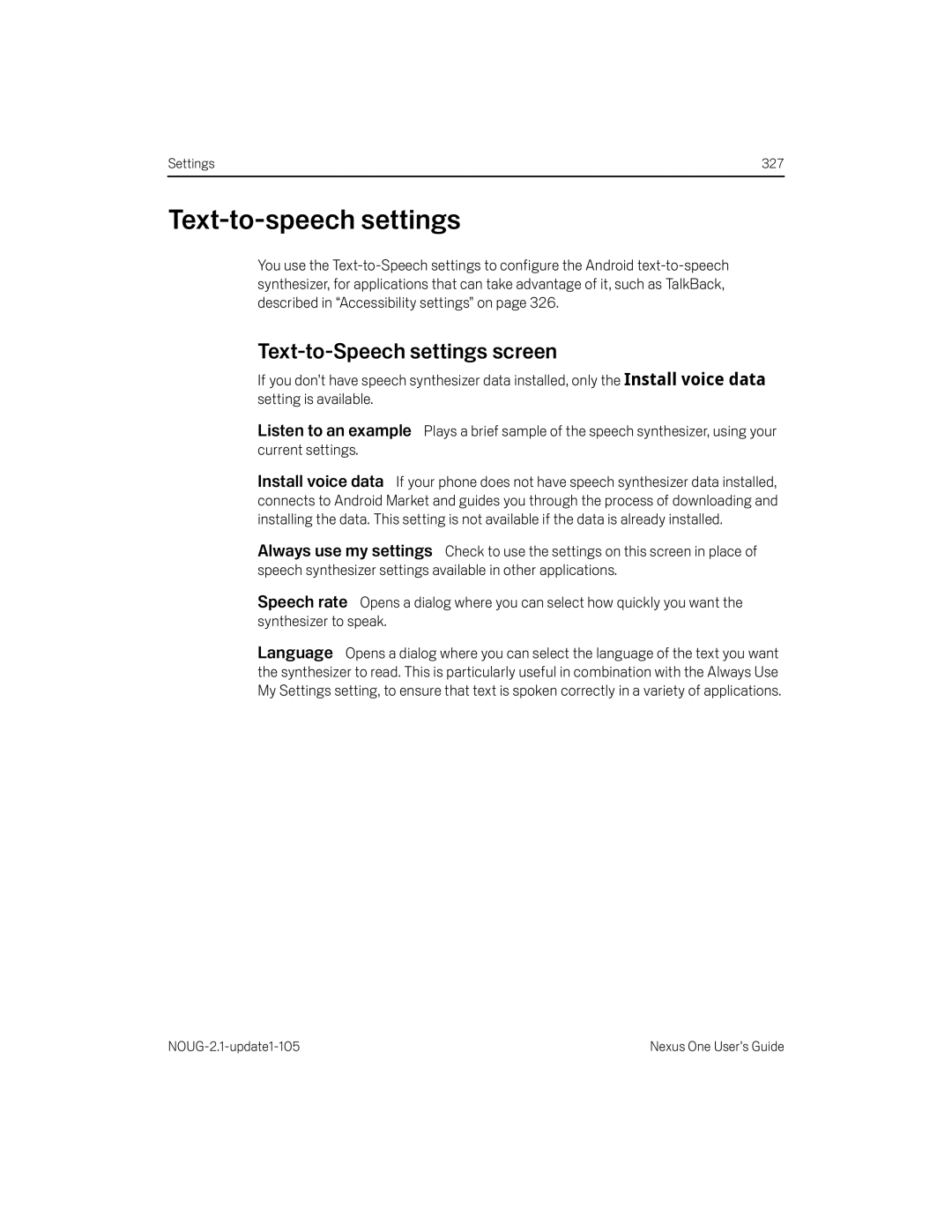 HTC HTCONEUNLOCKEDBLACK manual Text-to-speech settings, Text-to-Speech settings screen 