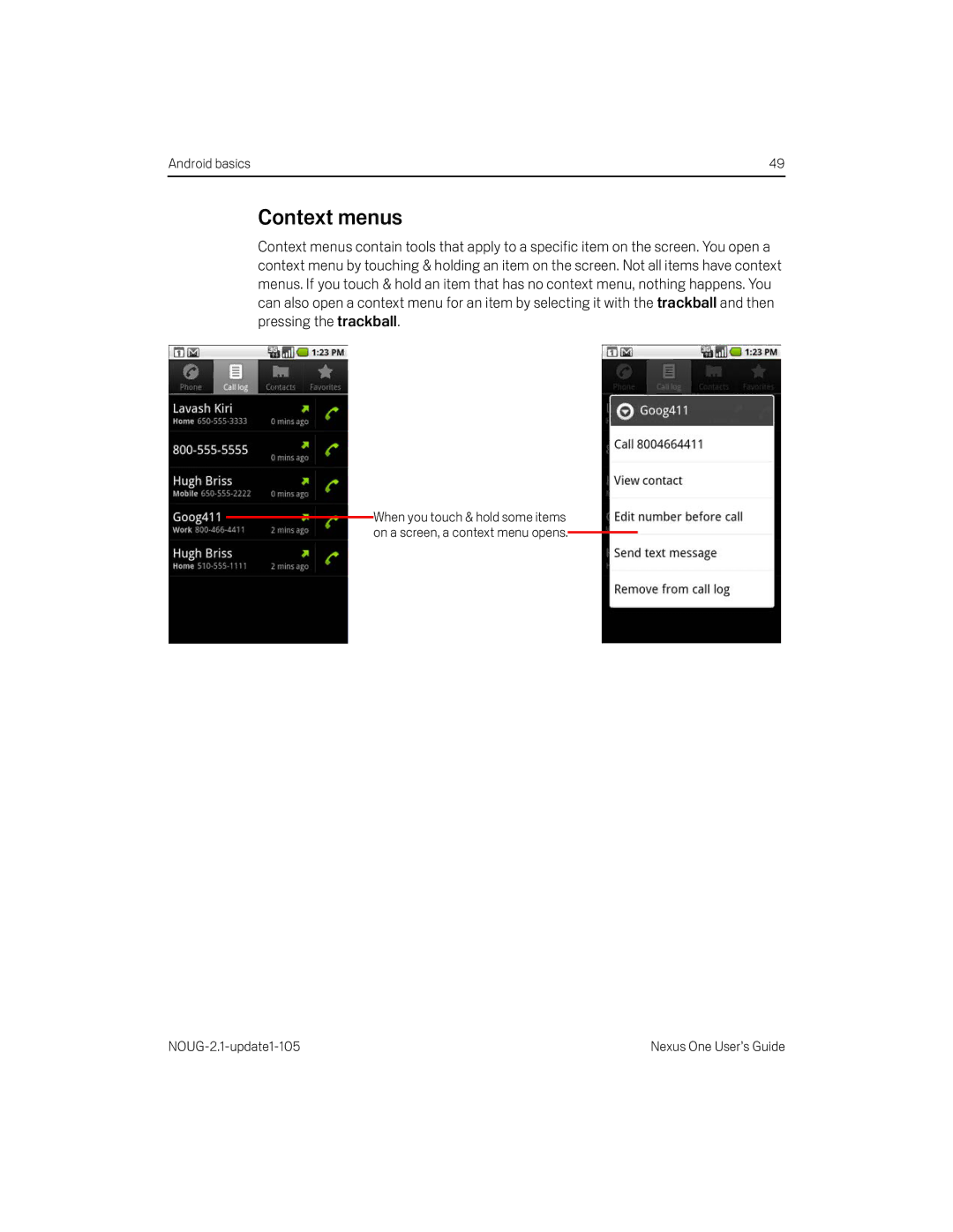 HTC HTCONEUNLOCKEDBLACK manual Context menus 