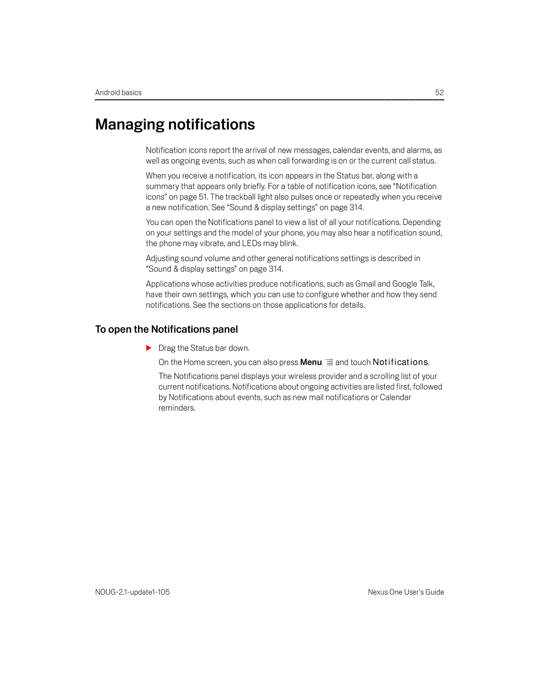 HTC HTCONEUNLOCKEDBLACK manual Managing notifications, To open the Notifications panel 