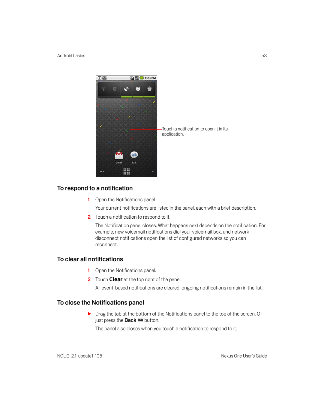 HTC HTCONEUNLOCKEDBLACK manual To respond to a notification, To clear all notifications, To close the Notifications panel 