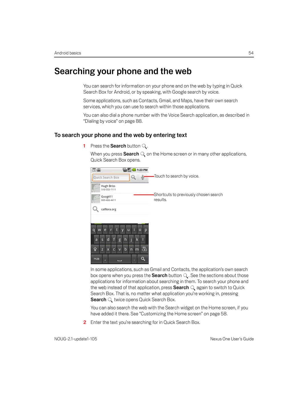 HTC HTCONEUNLOCKEDBLACK manual Searching your phone and the web, To search your phone and the web by entering text 