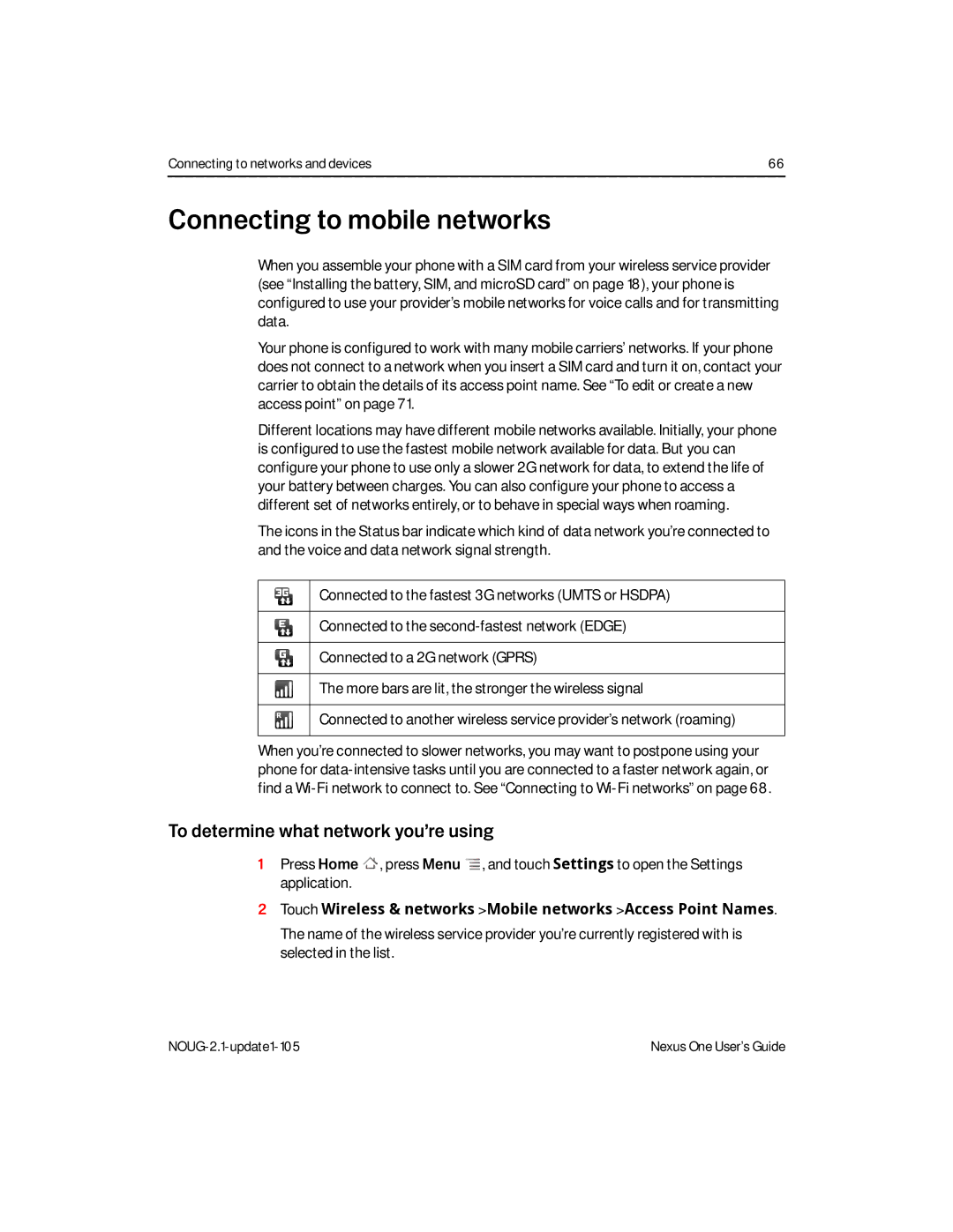 HTC HTCONEUNLOCKEDBLACK manual Connecting to mobile networks, To determine what network you’re using 