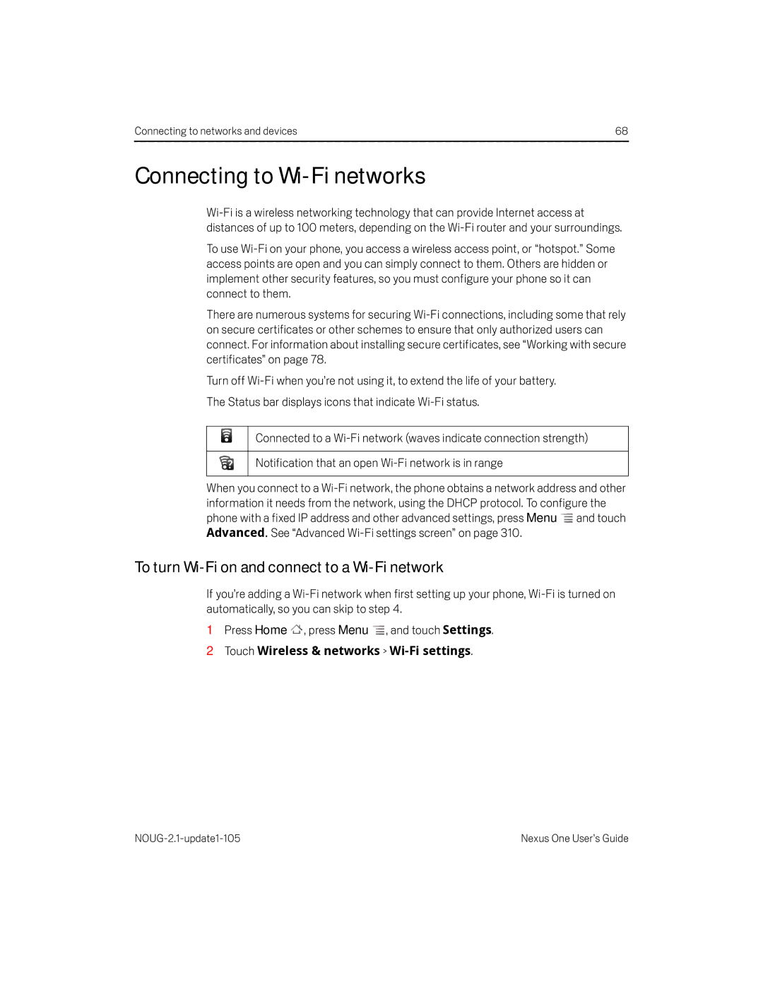 HTC HTCONEUNLOCKEDBLACK manual Connecting to Wi-Fi networks, To turn Wi-Fi on and connect to a Wi-Fi network 