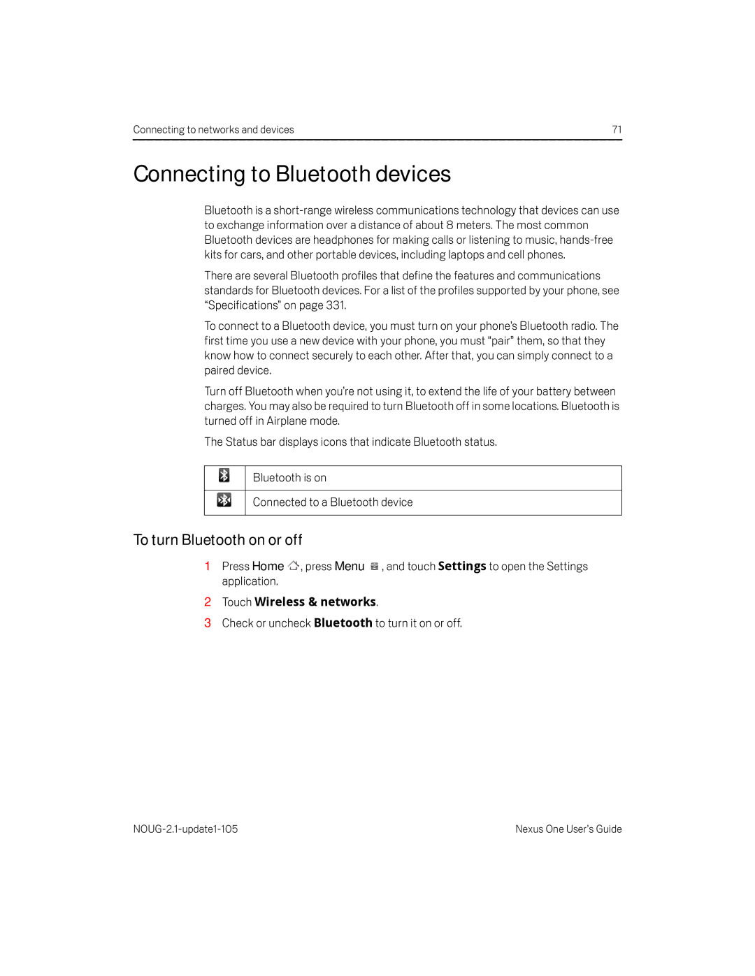 HTC HTCONEUNLOCKEDBLACK manual Connecting to Bluetooth devices, To turn Bluetooth on or off, Touch Wireless & networks 