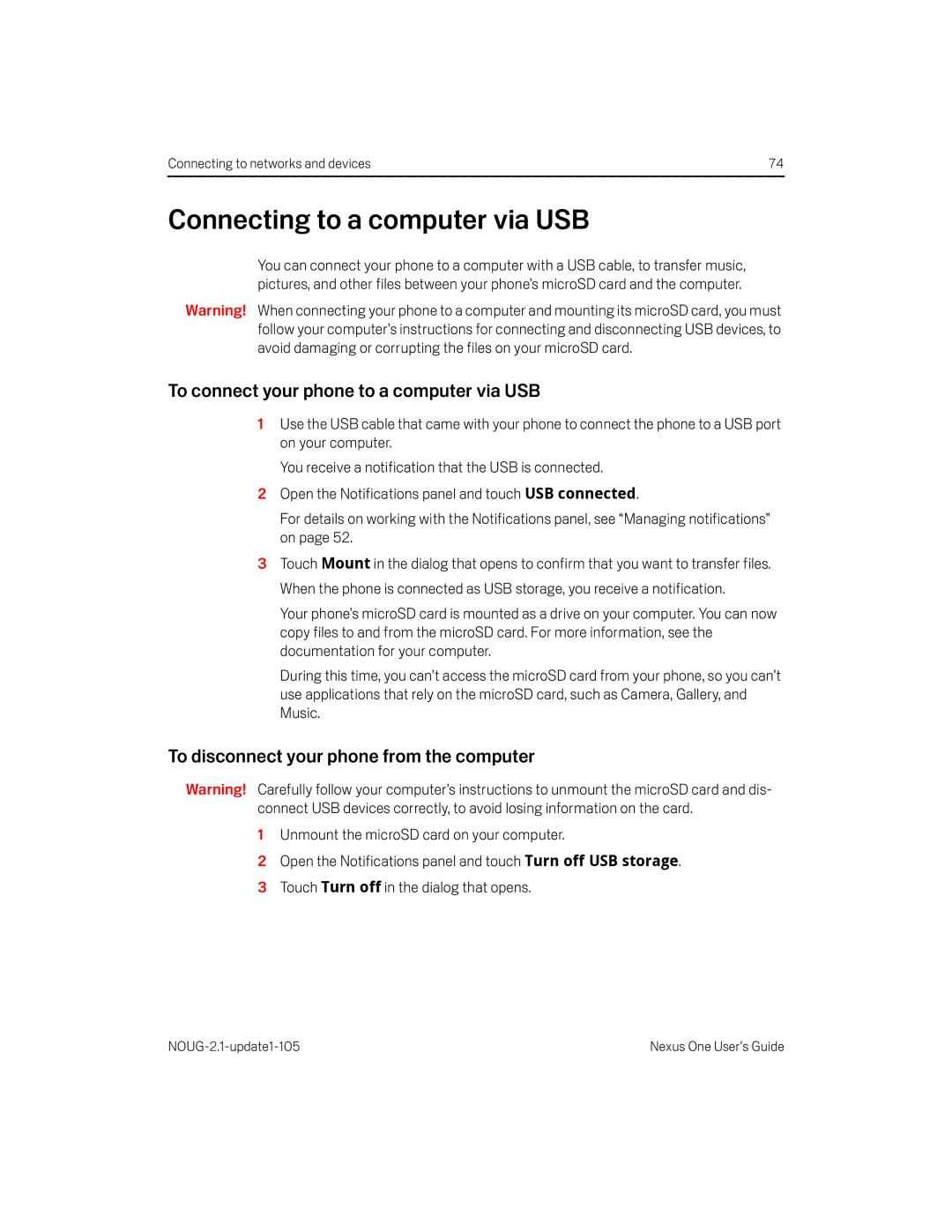 HTC HTCONEUNLOCKEDBLACK manual Connecting to a computer via USB, To connect your phone to a computer via USB 