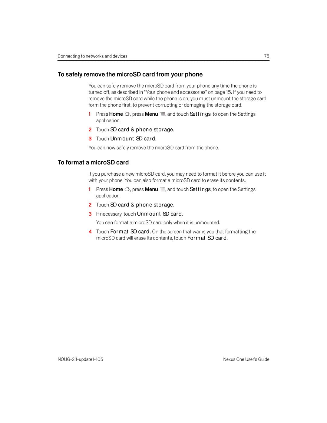 HTC HTCONEUNLOCKEDBLACK manual To safely remove the microSD card from your phone, To format a microSD card 